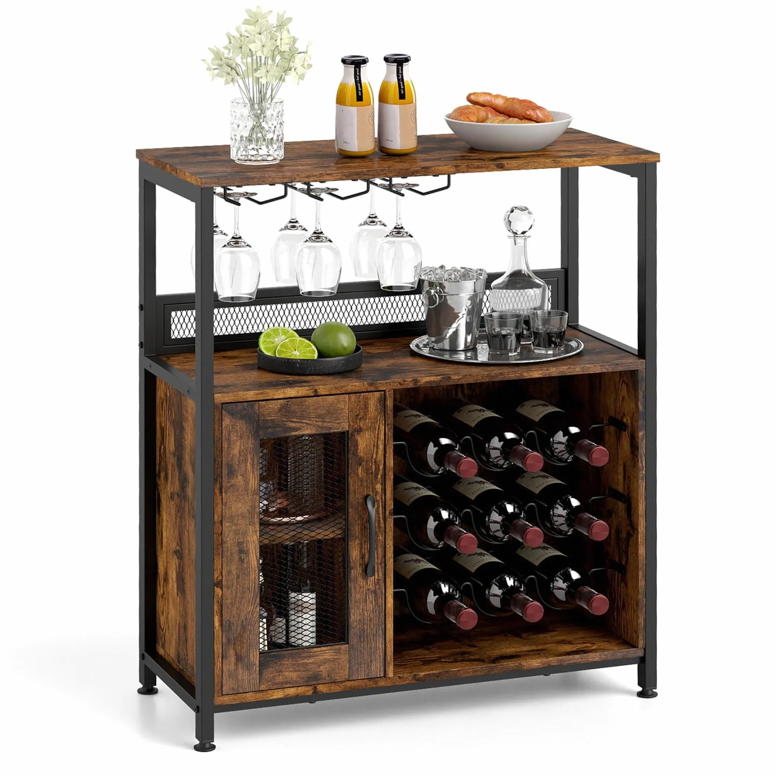 COSTWAY Industrialna szafka na wino, szafka kuchenna ze zdejmowanym regałem na wino i wbudowanymi uchwytami na szkło, komoda drewniana, wolnostojąca, 75 x 34 x 90,5 cm