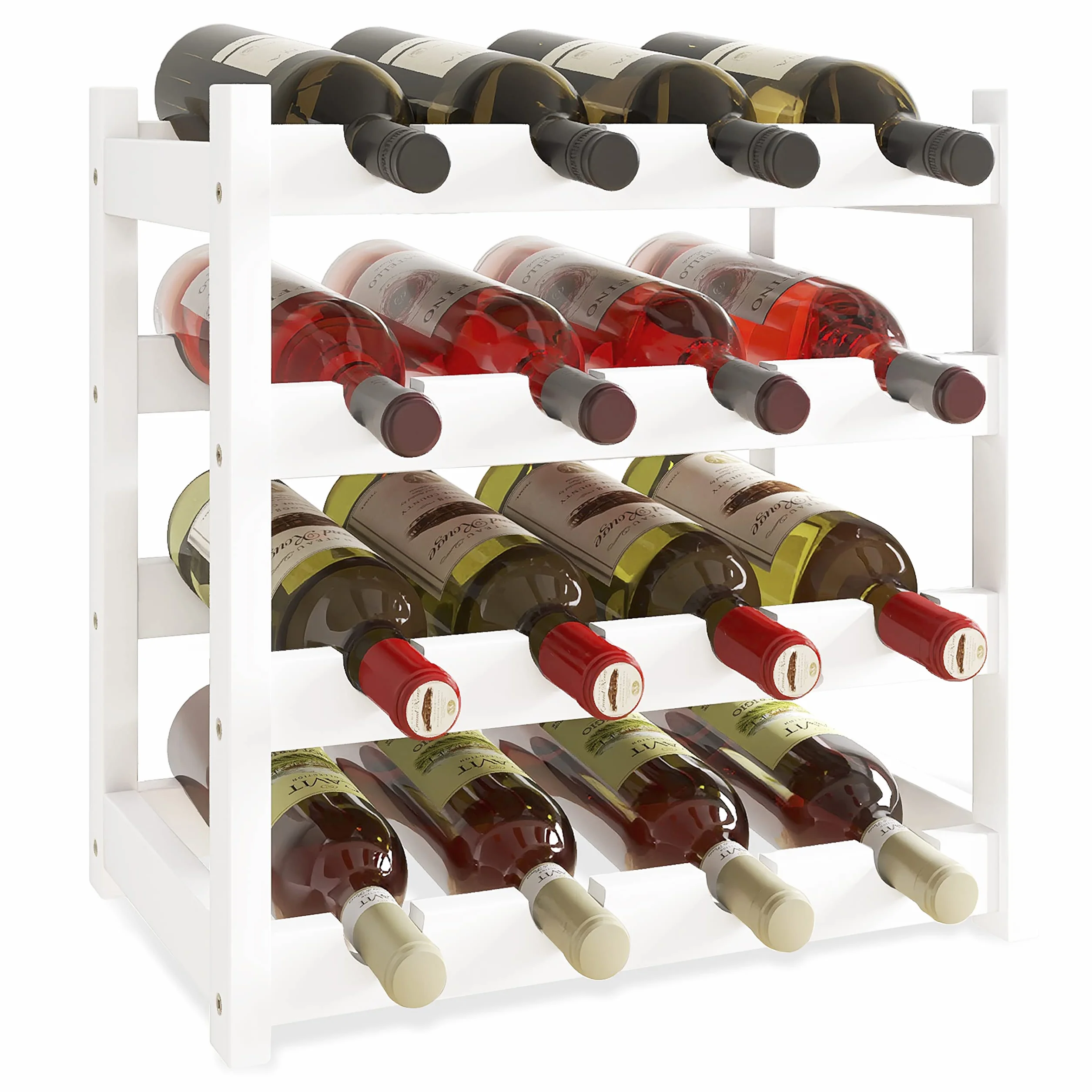 SMIBUY Bambusowy stojak na wino, stojak na wino na 16 butelek, 4-poziomowe półki do kuchni, spiżarni, piwnicy, baru (biały)