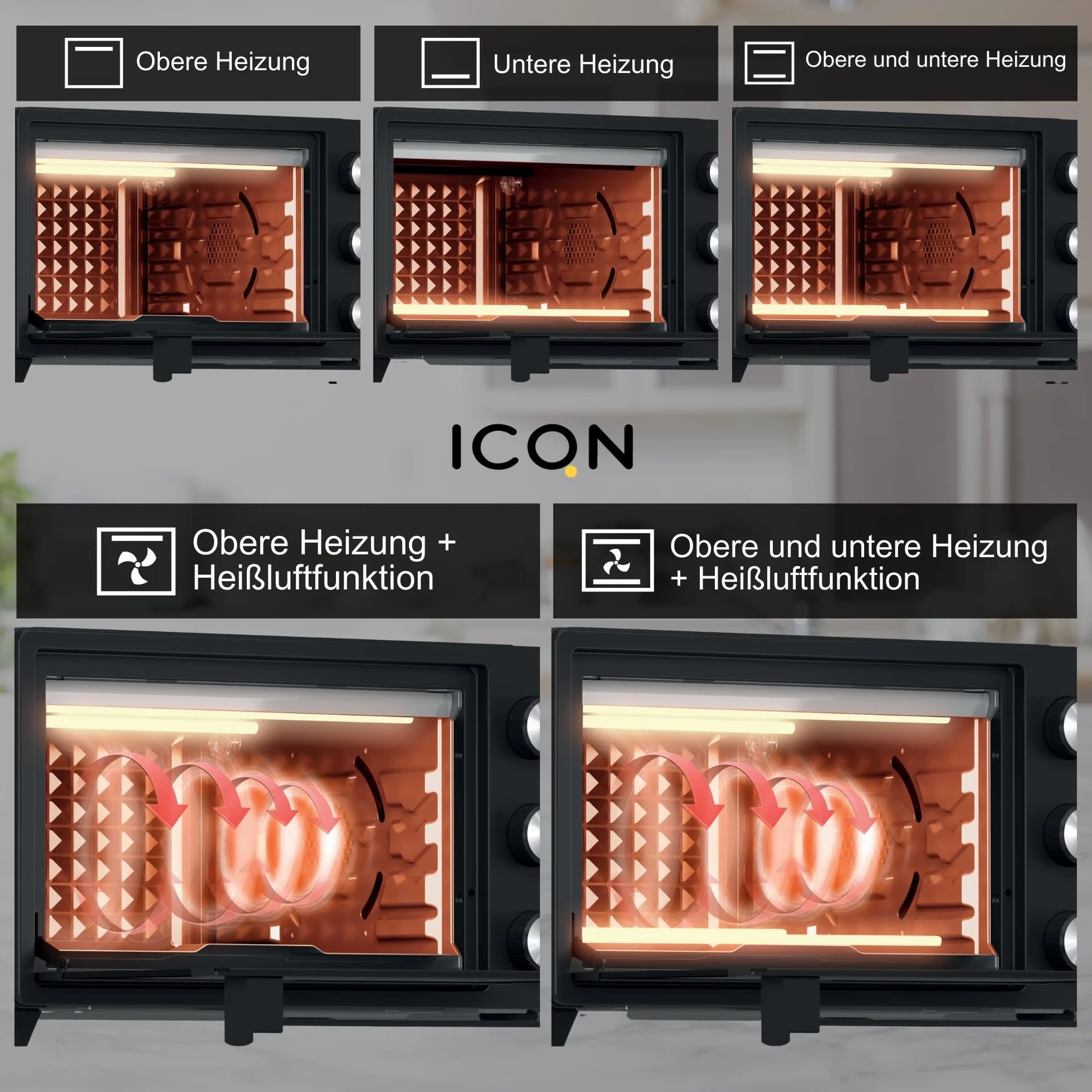 ICQN Mini piekarnik 20 l 1500 W grzanie górne/dolne z funkcją obracania ciepła 5 funkcji grillowania timer czarny