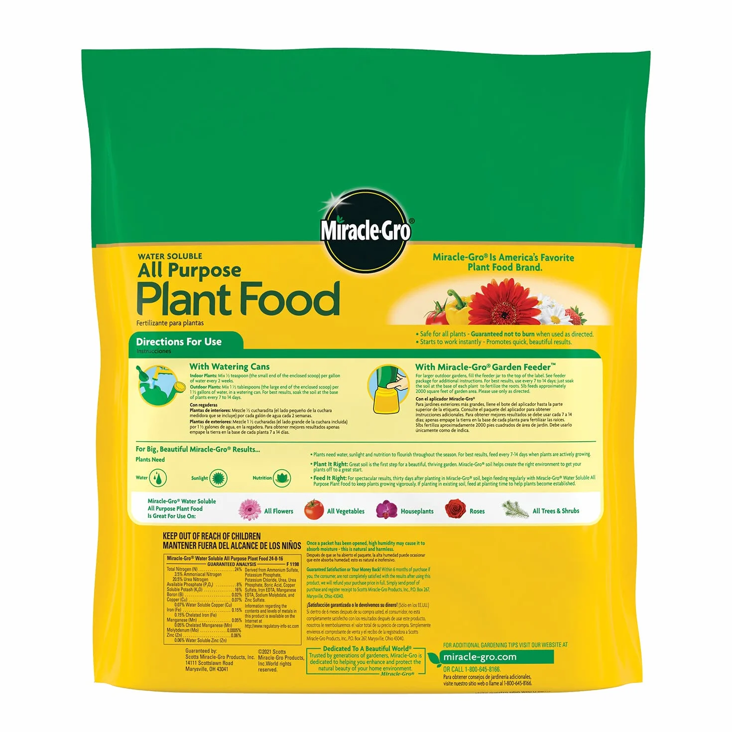 Miracle Gro rozpuszczalny w wodzie uniwersalny pokarm roślinny, 24 8 16, natychmiast nawozi rośliny, wodoodporna torba 2,3 kg.