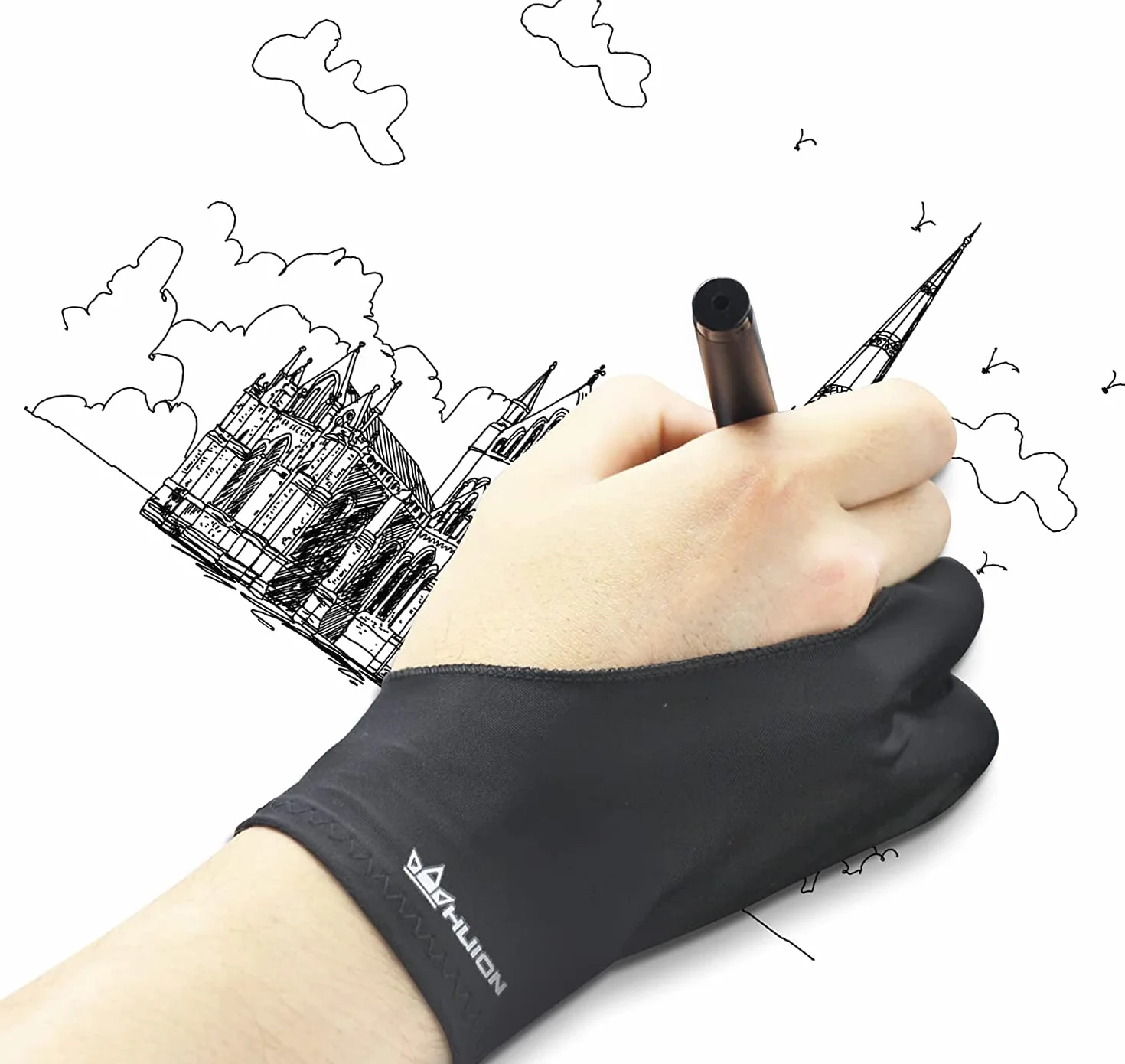 HUION Rękawica do rysowania dla artystów do rysowania tabletu, szkicowania papieru, rękawica artystyczna z dwoma palcami, na prawą i lewą rękę, zmniejsza tarcie, elastyczna lycra, duży rozmiar