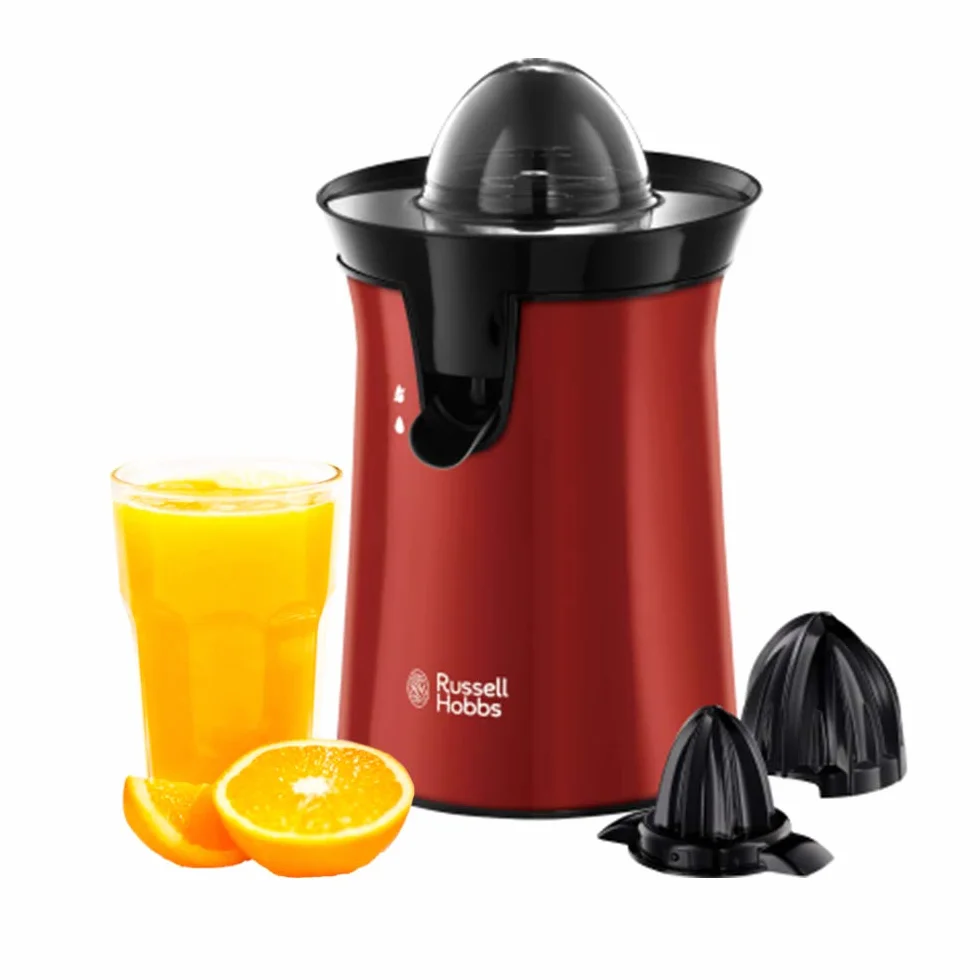Russell Hobbs wyciskarka do soku, 2 stożki do wszystkich rodzajów cytrusów, start pod wpływem nacisku, funkcja blokady kapania, schowek na przewód, moc 60W, czerwony, Colour Plus 26010-56