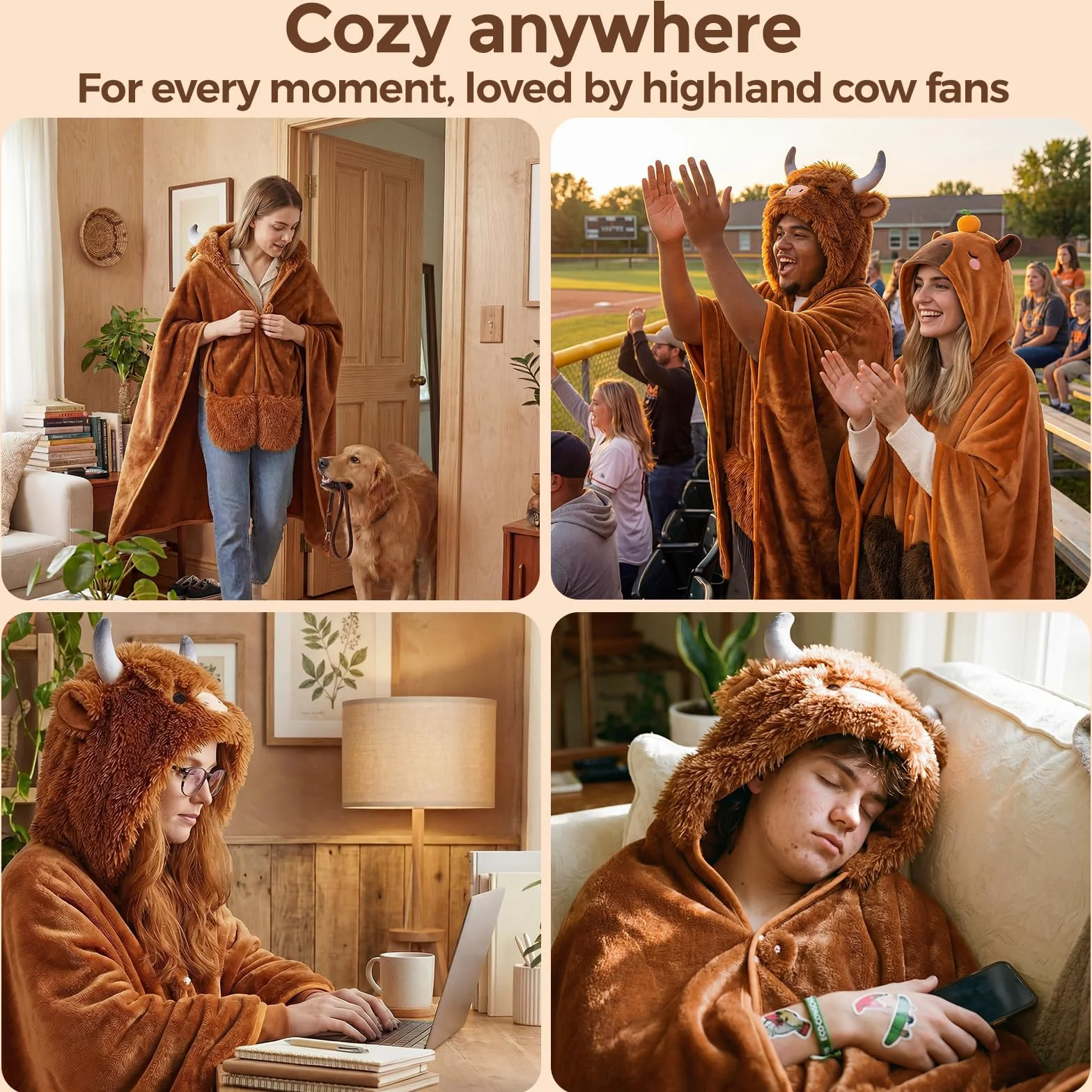 Mewaii Ponadwymiarowy koc do noszenia z kapturem, kawaii, krowa górska, miękki pluszowy koc flanelowy, bluza z kapturem, unisex, przytulny koc na prezent urodzinowy dla kobiet, dziewcząt (130 cm x 158