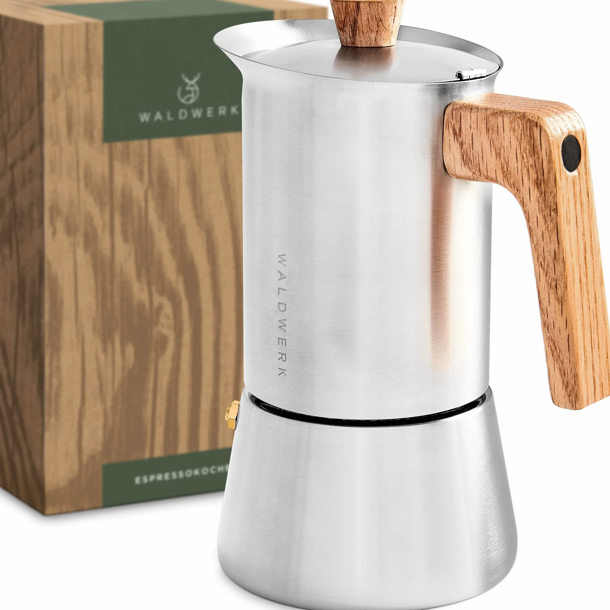 WALDWERK Ekspres do espresso (300 ml) – kompatybilny ze wszystkimi rodzajami płyt kuchennych – ekspres do kawy z zamszu ze stali nierdzewnej z uchwytem z prawdziwego dębu