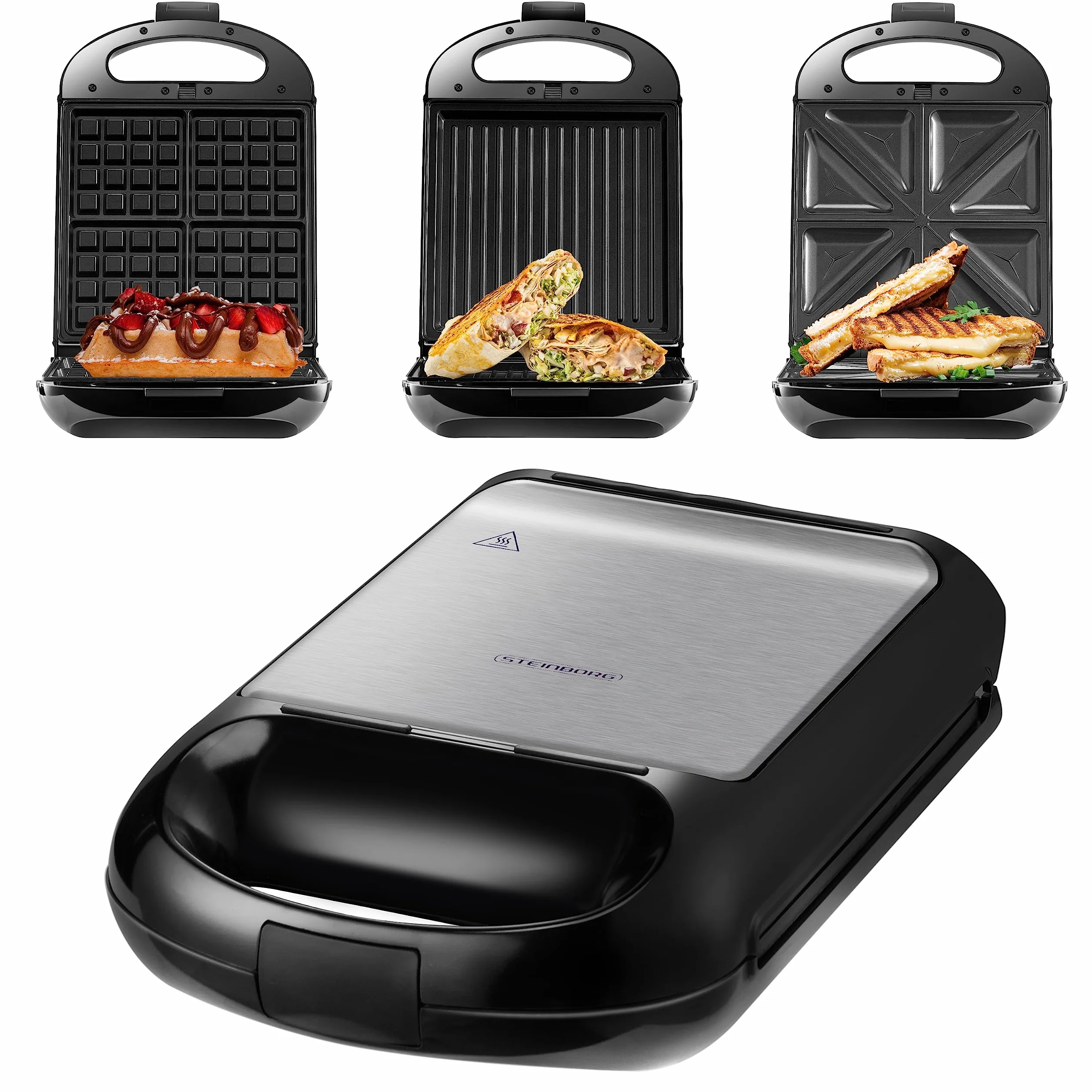 Steinborg 3 w 1 Opiekacz do Kanapek XXL | 3 Wymienne Płyty | 1200 W | Grill Kontaktowy Wielofunkcyjny | Gofrownica | Elektryczny 4-Częściowy, Srebrny/Czarny