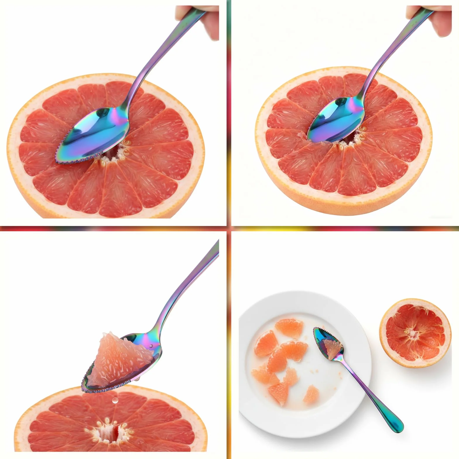 5-częściowy zestaw łyżek grejpfrutowych ze stali nierdzewnej i 1 nóż do grejpfruta, kiwi, łyżka, ząbkowane krawędzie, łyżka do owoców kiwi, jagód, grejpfrutów, jabłek (kolor tęczy)