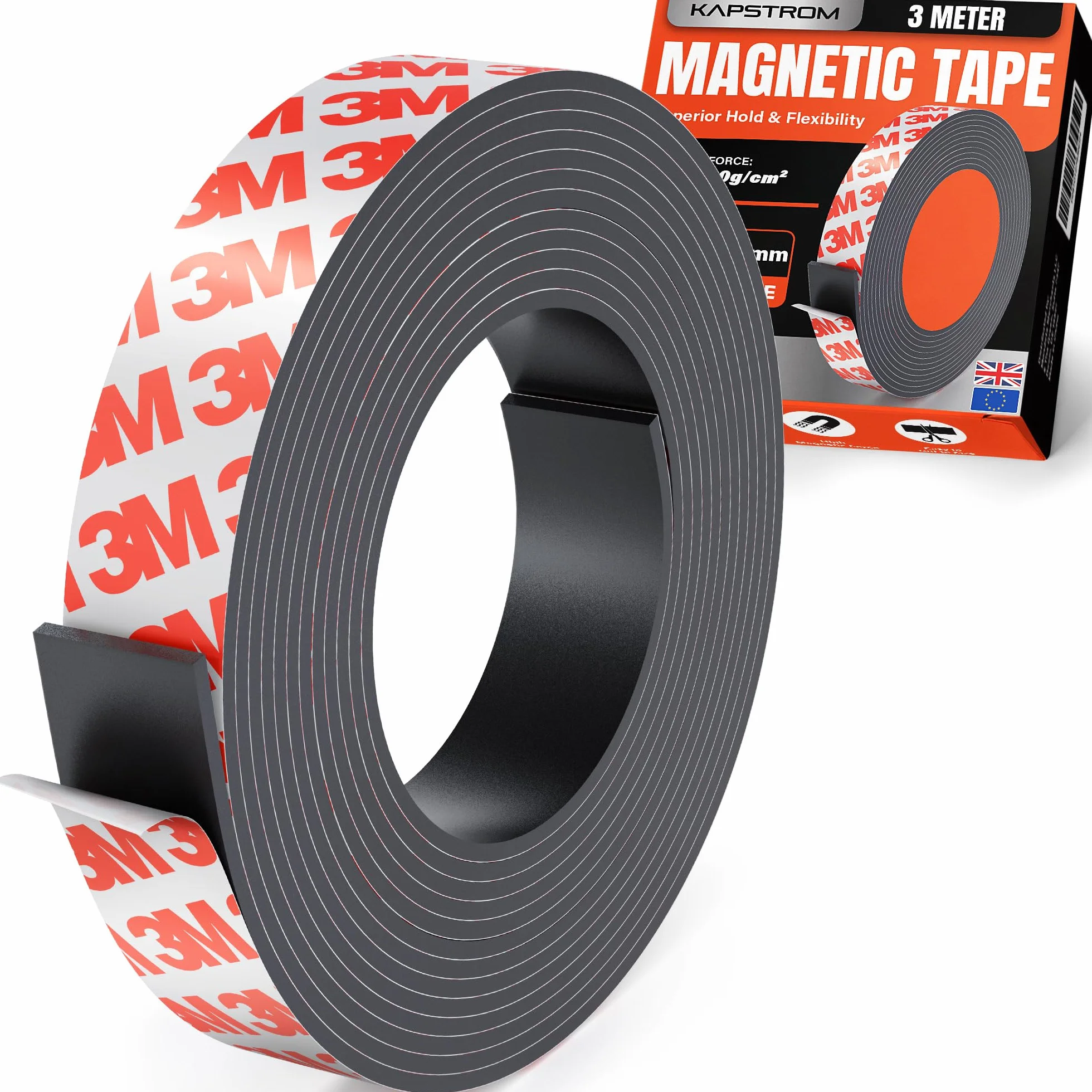 Magnetic Tape Roll (3 Meter / 120” Long & 3 cm / 1.2” Wide), Premium Magnetic Strips w/ 3M Strong Self-Adhesive Backing, Easy to Cut to Size