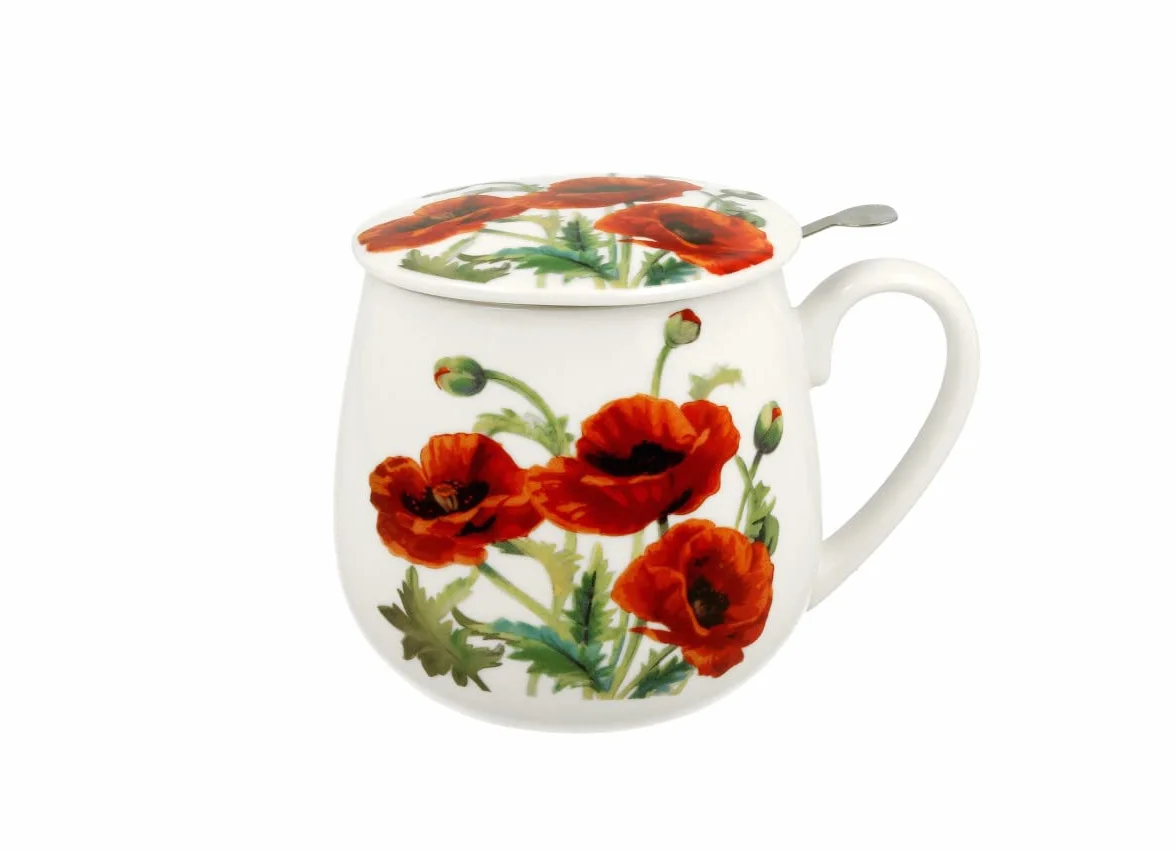DUO FLORAL kubek beczkowy 430 ml Classic POPPIES z sitkiem do herbaty porcelana New Bone China