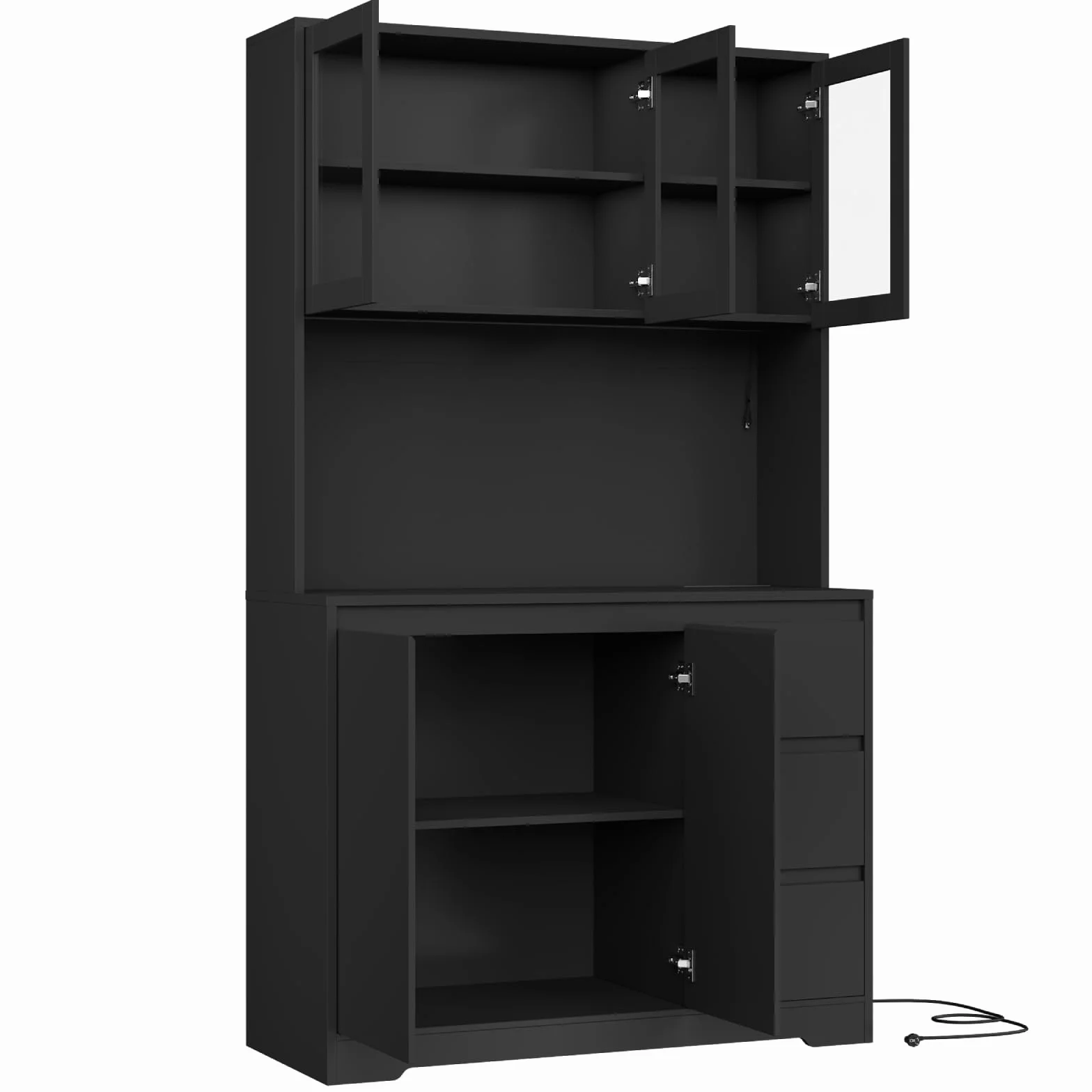 FirFurd Szafka kuchenna wysoka, szafka bufetowa z oświetleniem LED i gniazdkami elektrycznymi, kredensem z dużym blatem, 3 szufladami, regulowanymi półkami 180x100x38.5cm, Czarny