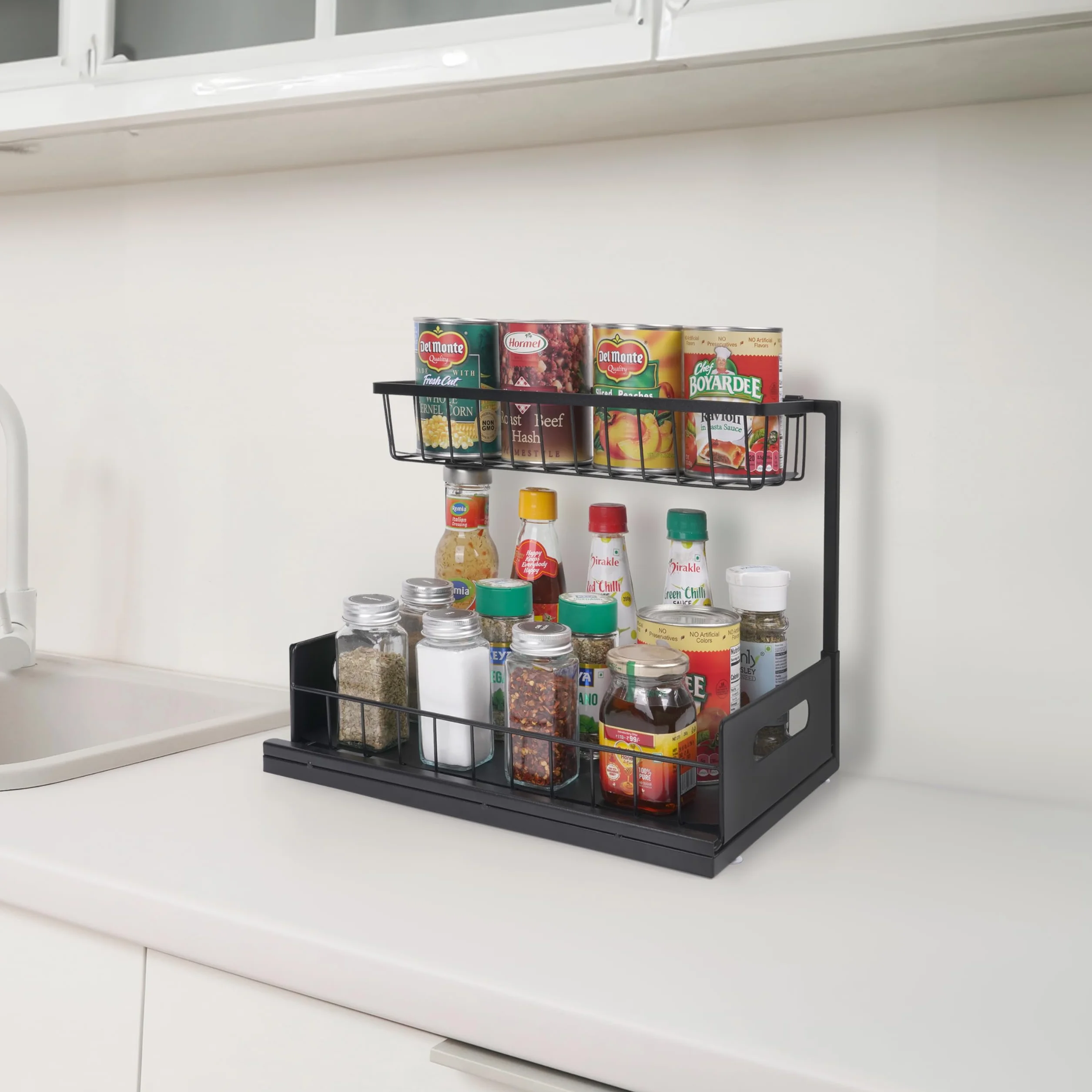 Winter Shore Czarna Organizator pod Zlewem 2 Poziomy - Wielofunkcyjna Szafka Łazienkowa i Kuchenna z Półkami pod Zlewem z Wysuwaną Dolną Tacą - Wytrzymała Konstrukcja z Węglowej Stali