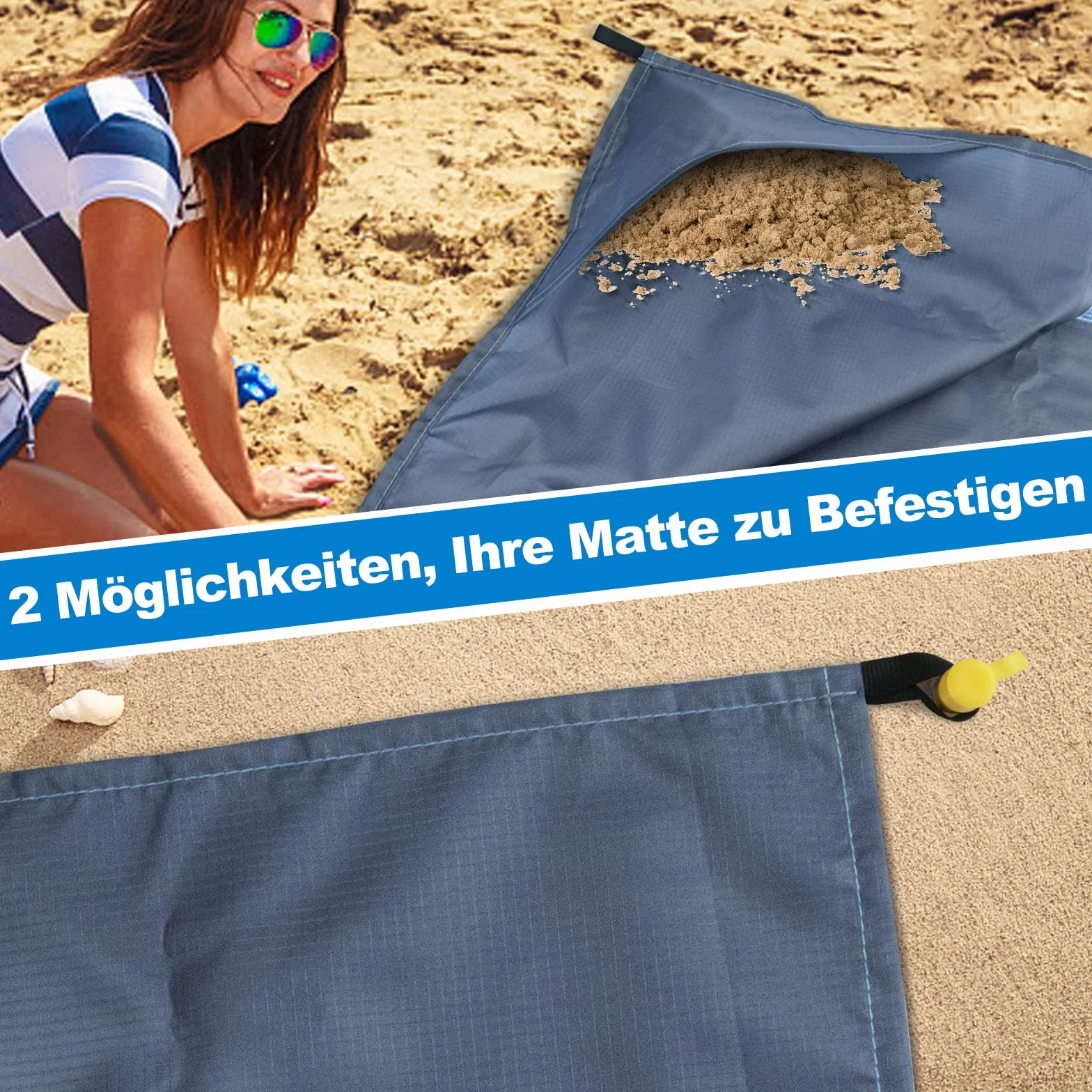 Dijia Koc plażowy bez piasku – 210 x 200 cm, mata plażowa, koc piknikowy, koc kempingowy z 2 kieszeniami na zamek błyskawiczny, przenośny, kompaktowy, na plażę, kemping, wędrówki, z torbą do