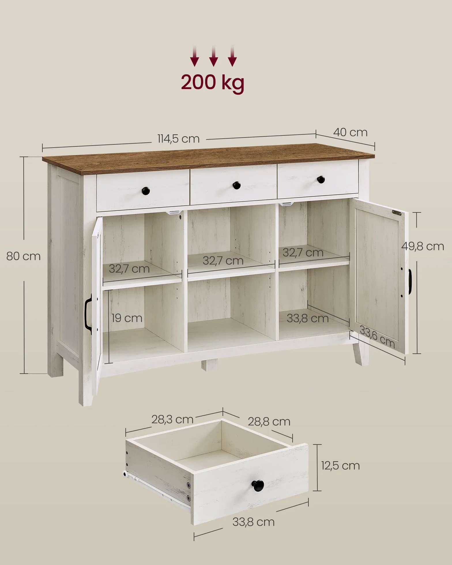 VASAGLE Szafka kuchenna, kredens z szufladami, szafka do przechowywania z drzwiami, regulowana półka, styl dworkowy, do salonu, kuchni, 40 x 114,5 x 80 cm, vintage, biało-miodowo-brązowy BBK371W02V1