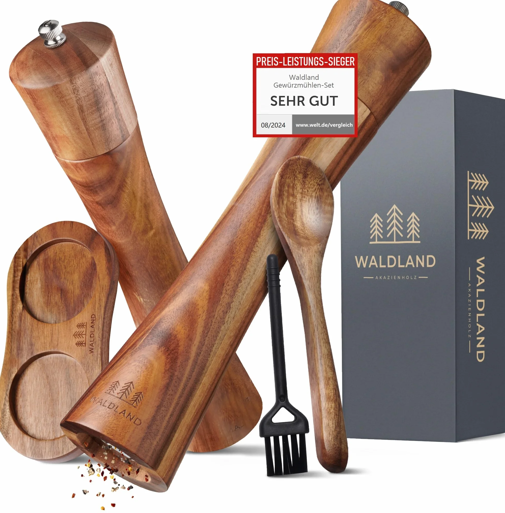 WALDLAND® Młynek do soli i pieprzu z drewna, z podstawką, bardzo duży (25,5 cm), młynek do przypraw z ceramicznym mechanizmem mielącym, zestaw młynków do pieprzu i soli