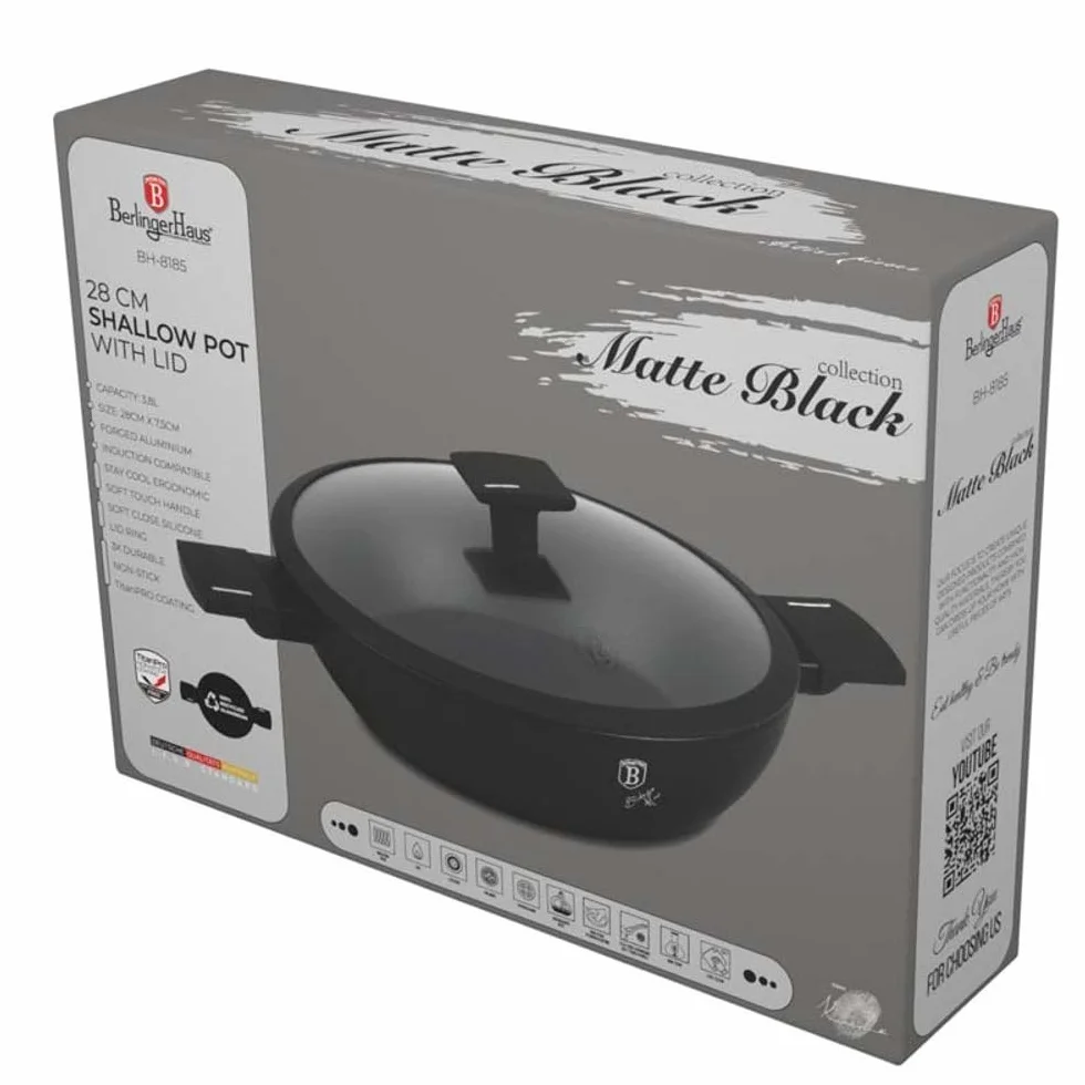 BERLINGERHAUS BH-8185 patelnia do smażenia z tytanową powierzchnią i pokrywką 28 cm Matte Black Collection