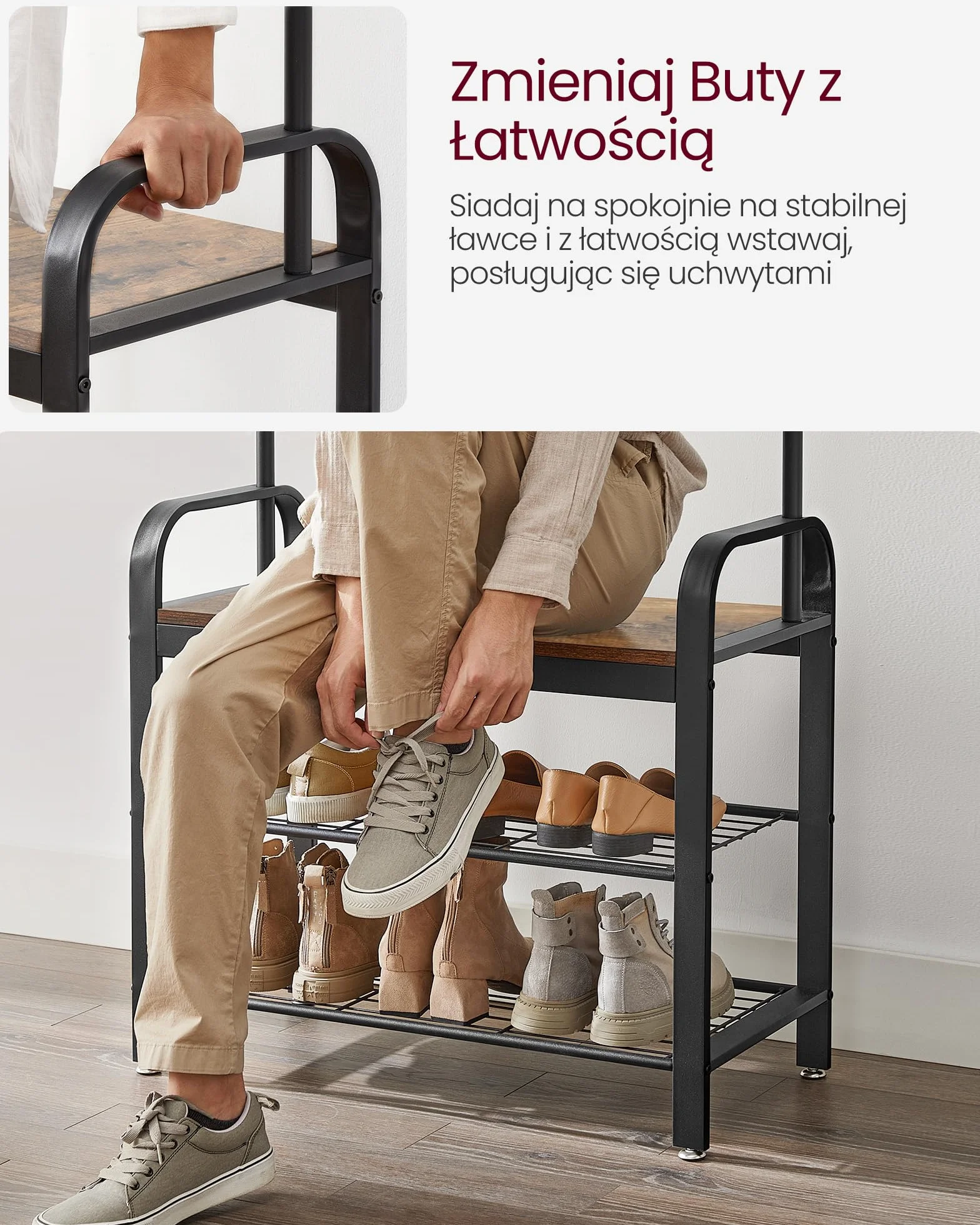 VASAGLE wieszak na płaszcze, szatnia, wieszak na buty z siedziskiem, wieszak na ubrania z 9 wyjmowanymi haczykami, ławka, 2 półki z siatki, wysokość 183 cm, vintage brązowo-czarny HSR40B