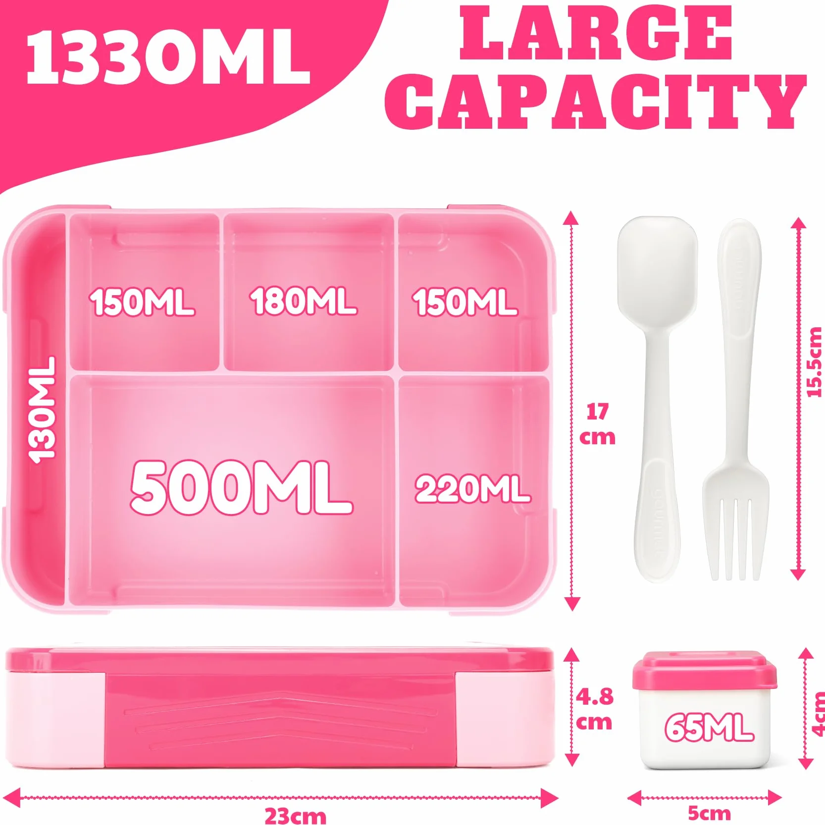 WECUTE Pudełko śniadaniowe dla dzieci, 1330 ml Bento Box Pudełko na lunch dla dzieci i dorosłych z 5 przegródkami i sztućcami Plastikowe pudełko na lunch pudełko na żywność bez BPA, do mikrofalówki