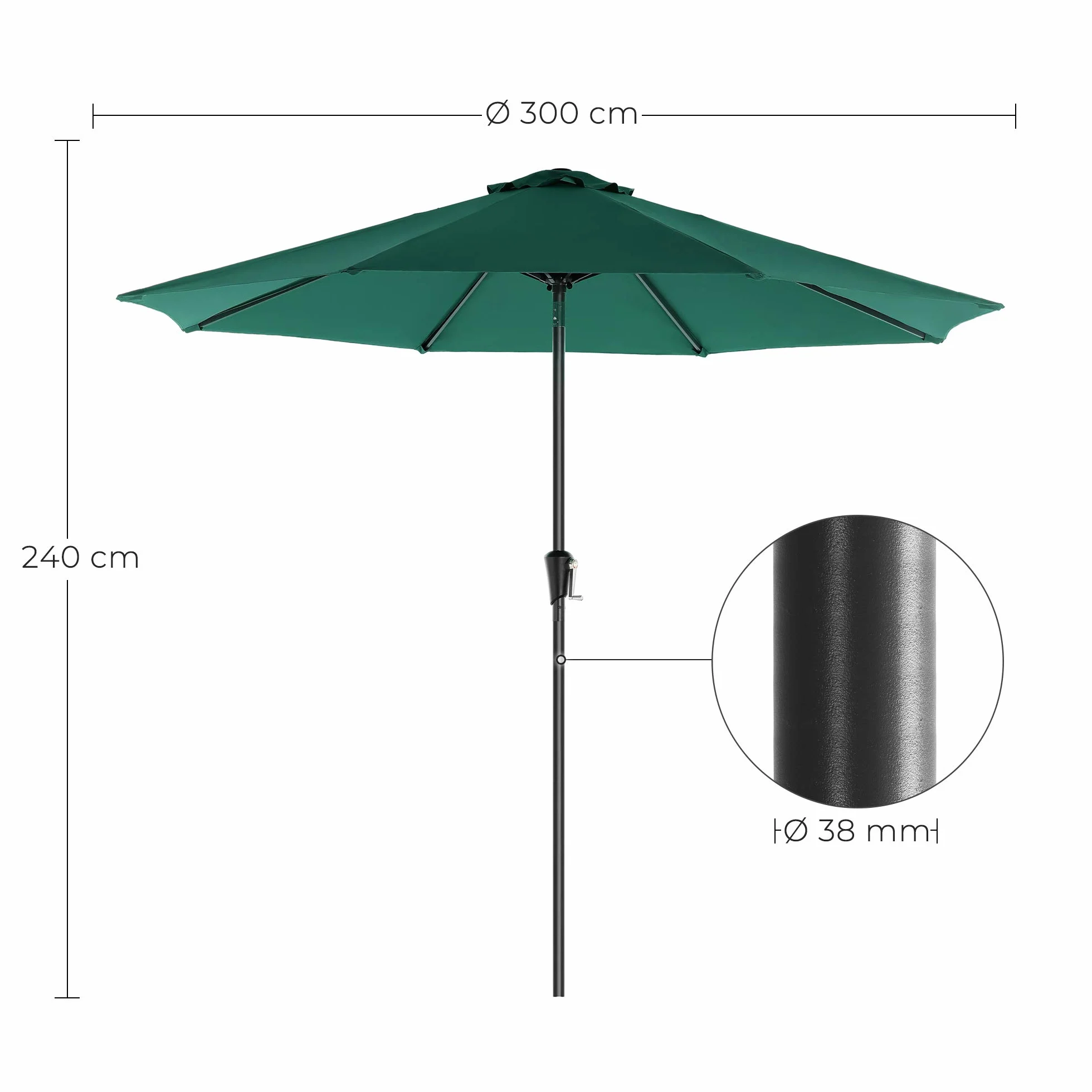 SONGMICS Parasol, Ø 300 cm, parasol ogrodowy, parasol rynkowy, ochrona UV do UPF 50+, parasol ogrodowy, ochrona przeciwsłoneczna, z korbką, bez stojaka, ogród, balkon, taras, ciemnozielony GPU30GN