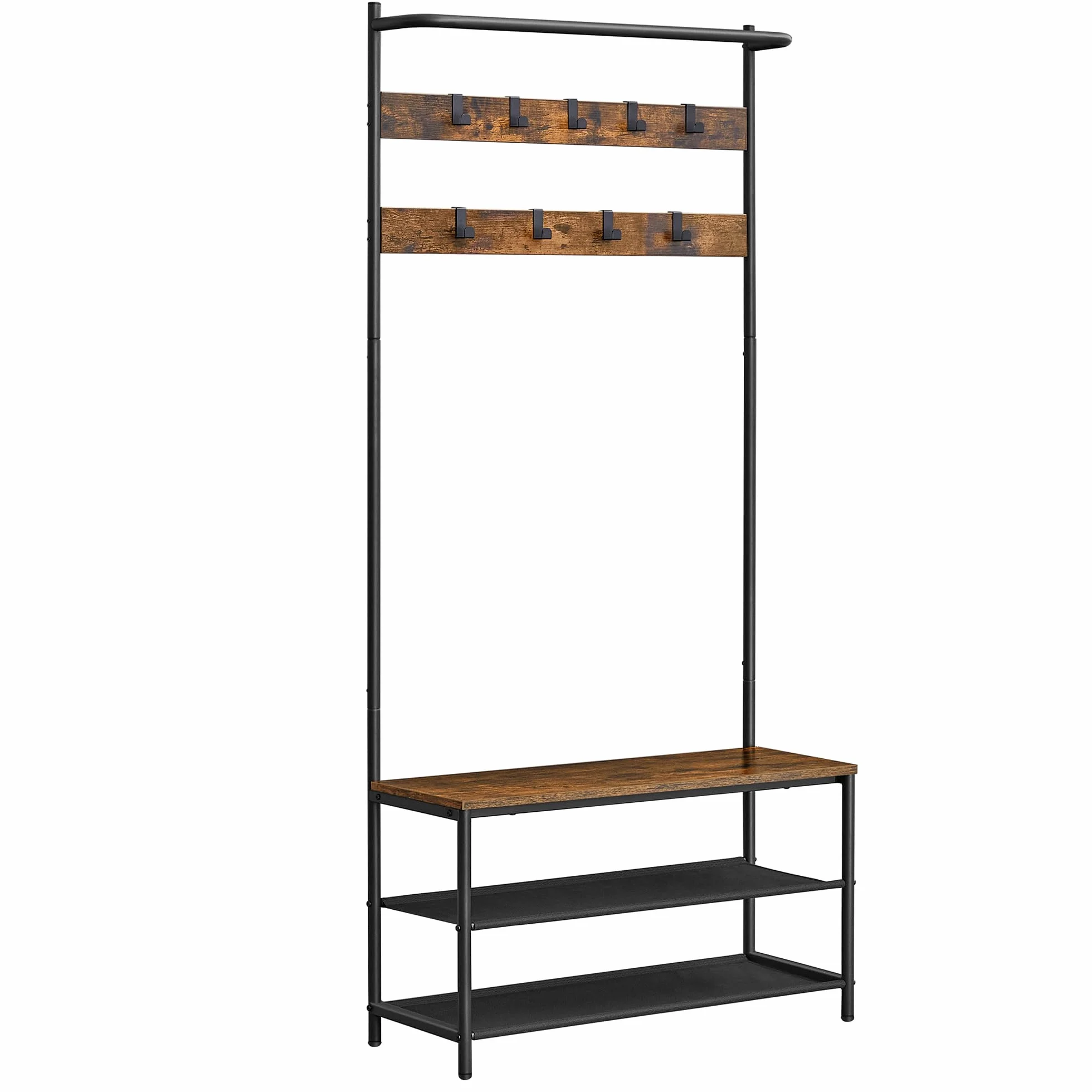 VASAGLE Wieszak na ubrania do przedpokoju z ławką na buty, wieszak na ubrania z 9 zdejmowanymi haczykami i drążkiem na ubrania, 32,2 x 84 x 180 cm, sypialnia, industrialny, brązowy i czarny HSR421B01