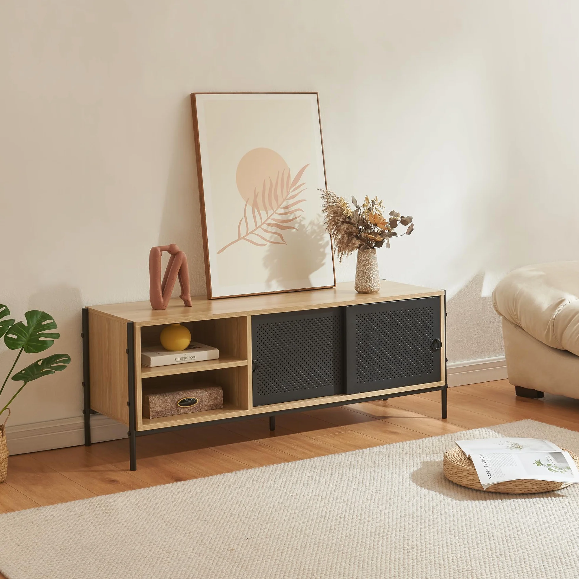 [en.casa] Szafka TV Tysnes Lowboard z 2 przesuwnymi drzwiami, stolik pod telewizor z otworami na kable, szafka TV, 120 x 40 x 45 cm, metalowa konstrukcja, dąb/czarny