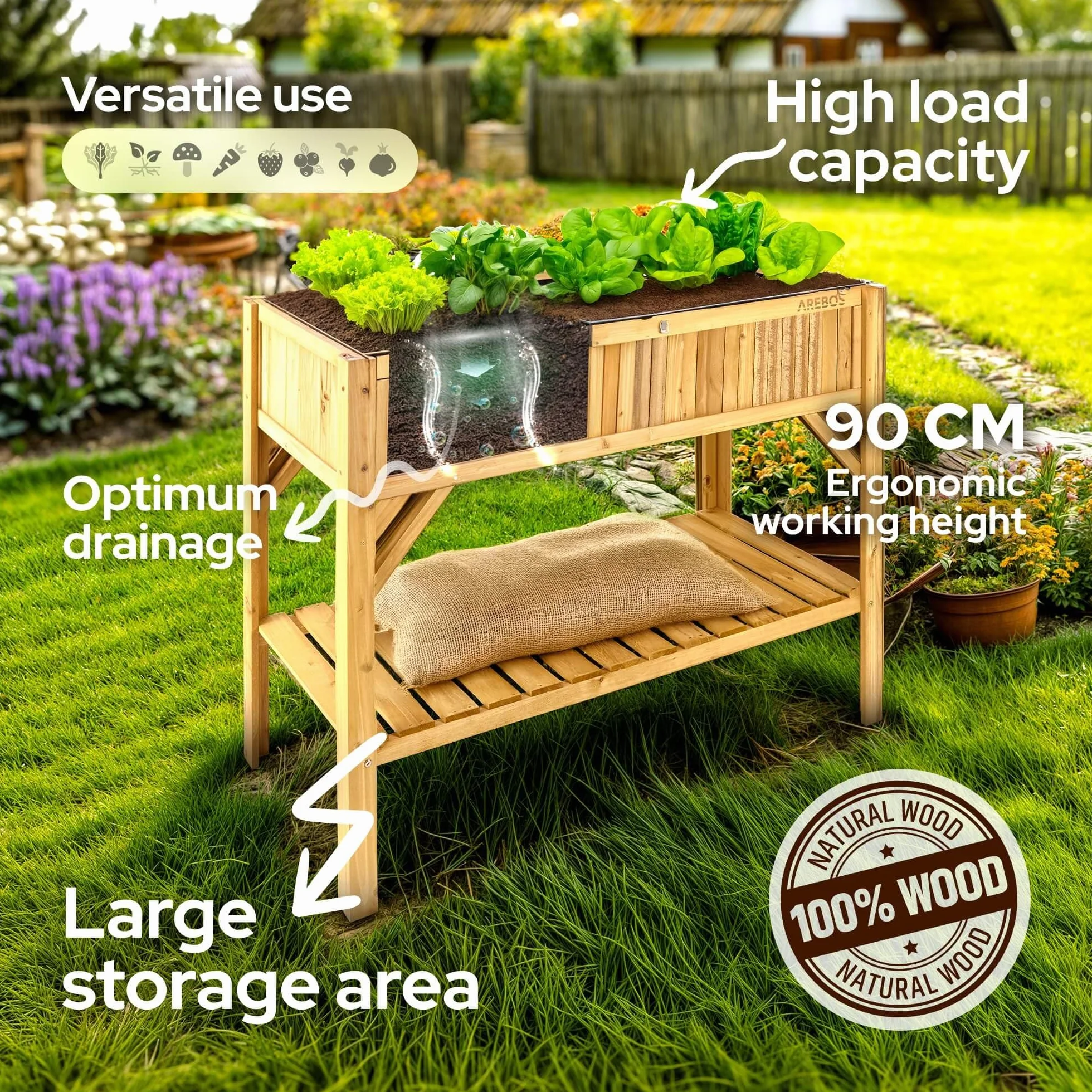 Arebos podwyższona grządka z drewna z półką | do ogrodu, balkonu i tarasu | wyposażona we wnętrze z włókniną ochronną | 119 x 53 x 90 cm | skrzynka do roślin i doniczka | grządka do sadzenia, inspekt