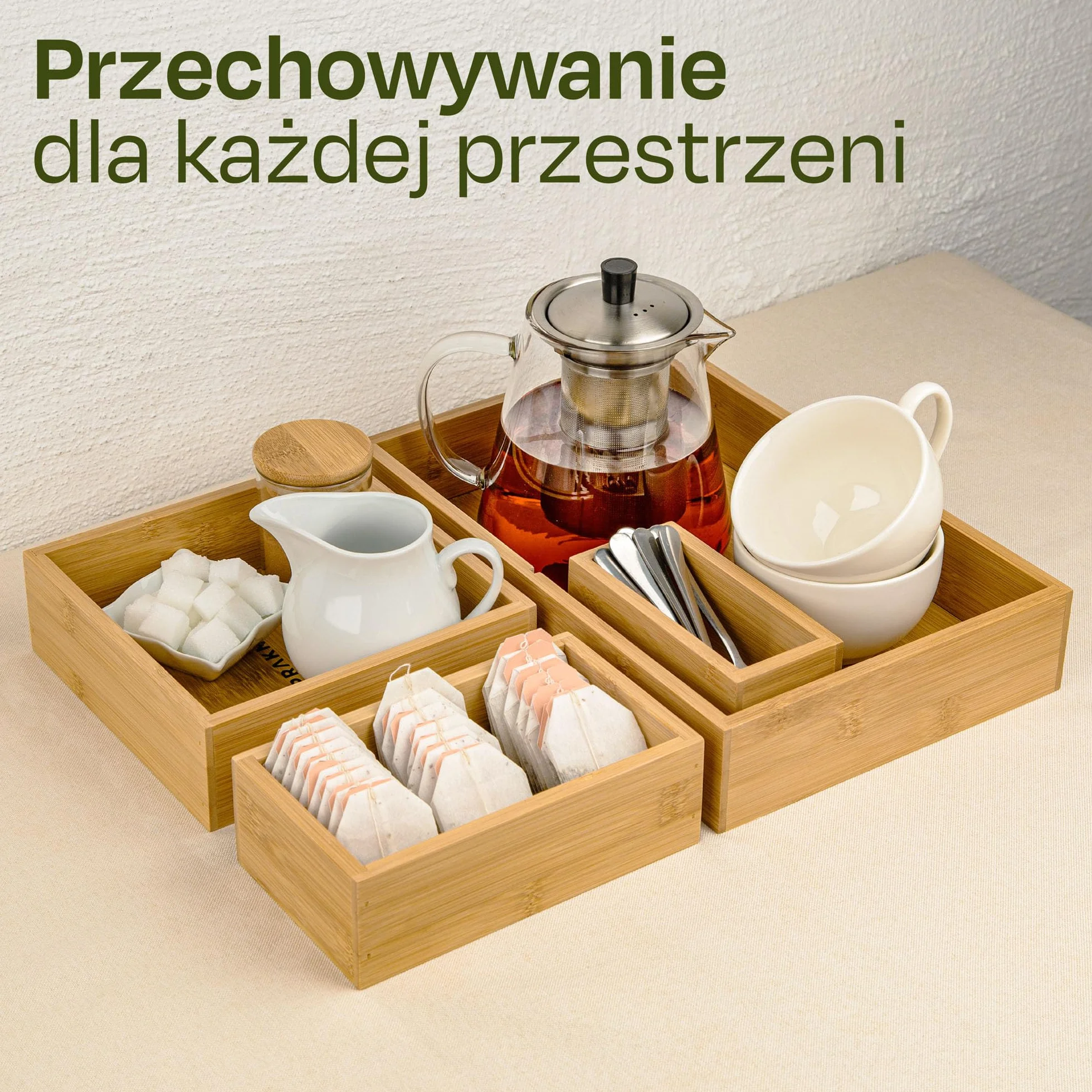 Zestaw 8 pudełek na organizery do szuflad - Wykonane z drewna bambusowego FSC - Z podkładkami antypoślizgowymi
