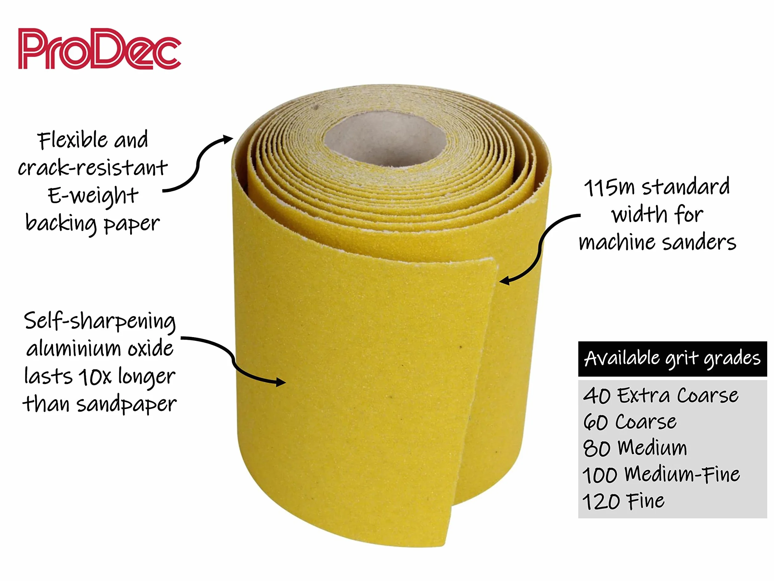 ProDec 5 m rolka papieru ściernego z żółtym tlenkiem glinu o ziarnistości 60 g do szlifowania drewna, farby, tynku, szpachli, metalu i innych materiałów, szerokość 115 mm