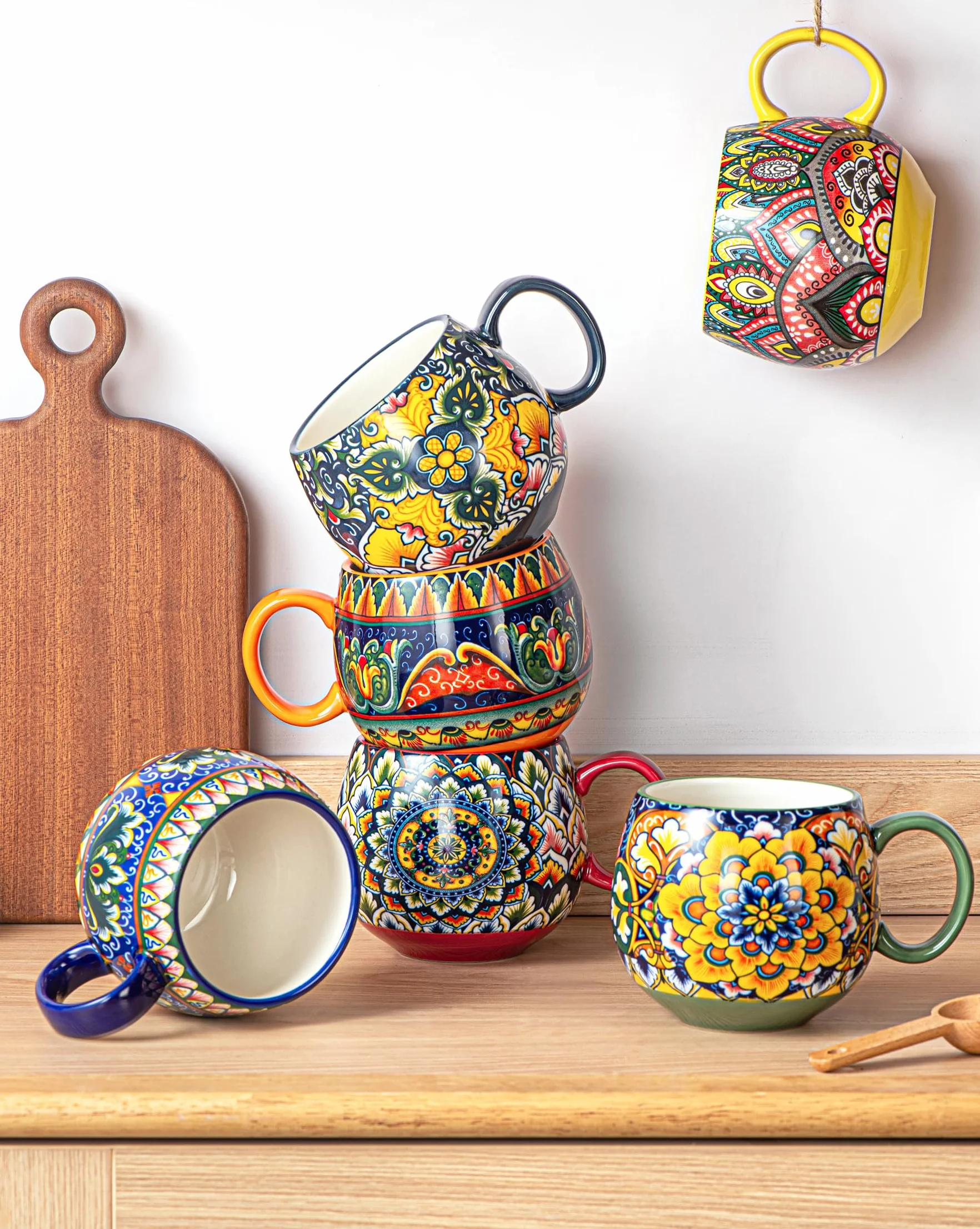 Zestaw kubków porcelanowych, ceramiczne filiżanki do cappuccino/kubki - 600ml, zastawa stołowa do 6 osób, zestaw filiżanek kawowych - styl bohemski