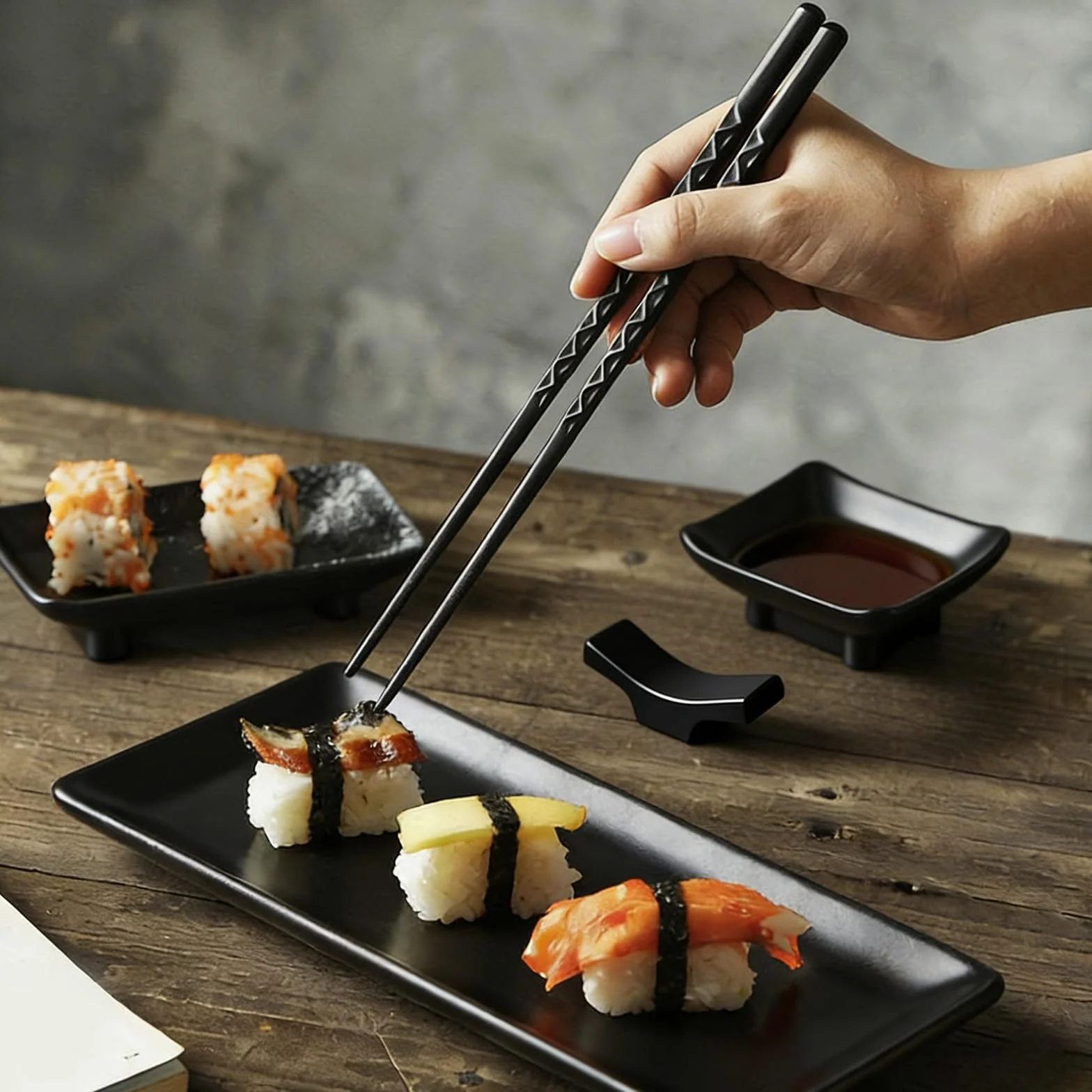 Japonki zestaw naczyń do sushi, serwis do serwowania sushi z melaminy z 2 parami pałeczek, 2 podstawkami na pałeczki, 2 talerzami, 2 miseczkami do dipowania, zestaw do serwowania sushi dla 2 osób do