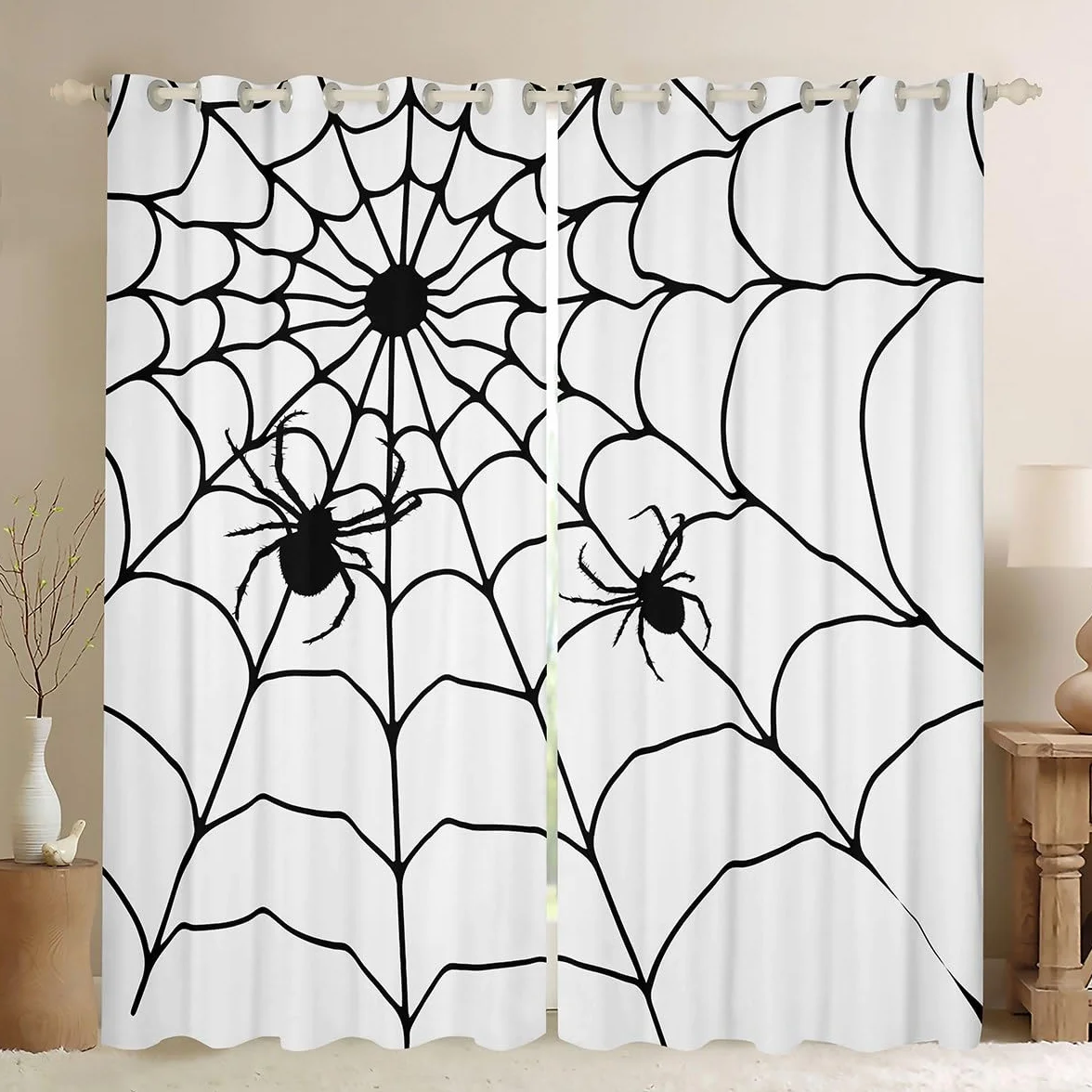 Homemissing Zasłony na Halloween do sypialni, salonu, dzieci, pajęcza sieć 30%-50% zasłony zaciemniające dla chłopców dekoracja na Halloween zasłony okienne białe zasłony okienne szer. 117 x dł. 182
