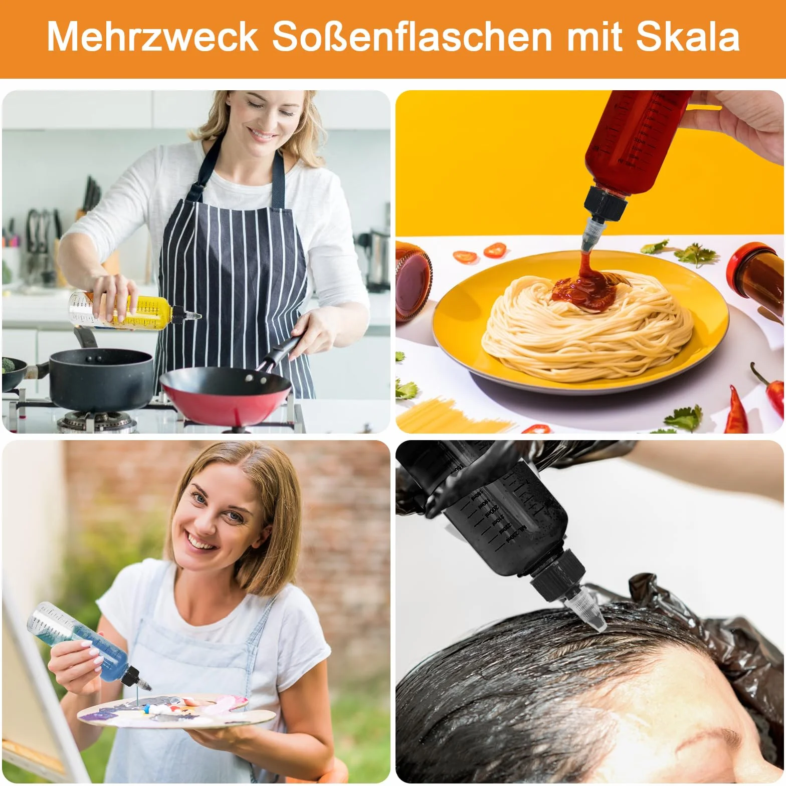 Realure 4 butelki do wyciskania 250 ml, przezroczyste butelki do wyciskania ze skalą, z tworzywa sztucznego, butelki dozujące z zakrętką z lejkiem, uniwersalne butelki na sosy, do płynnych przypraw