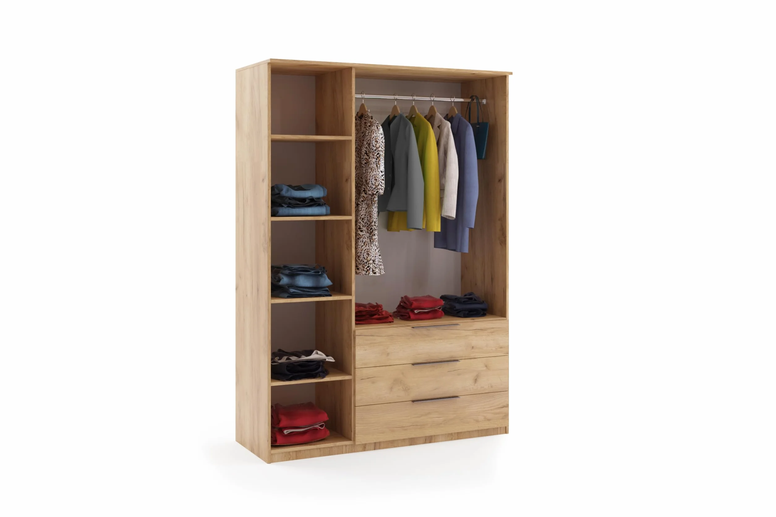 B&M Furniture Szafa z drzwiami uchylnymi, szufladami i lustrem - z półkami i drążkiem na ubrania - do garderoby, przedpokoju, sypialni Dąb artisan + czerń - 150 cm, wysokość 215 cm