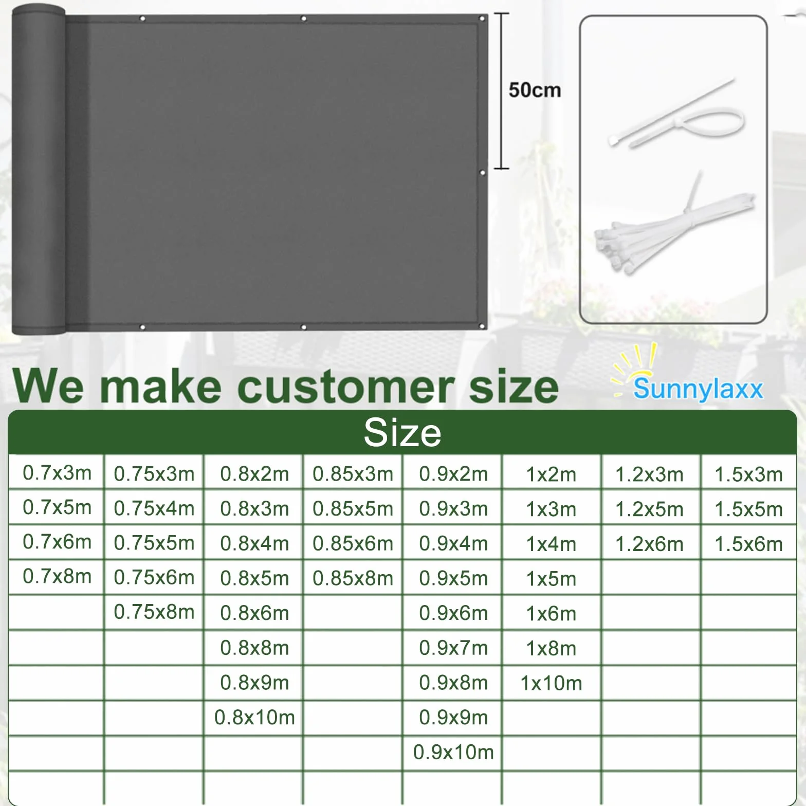 Sunnylaxx Osłona Balkonowa 100 x 500 cm,Ochrona przed Wiatrem, Nieprzejrzysta osłona Balkonu, PES 170 g/m², Ochrona przed Wiatrem i Promieniowaniem UV, z oczkami i opaskami Kablowymi,Antracyt