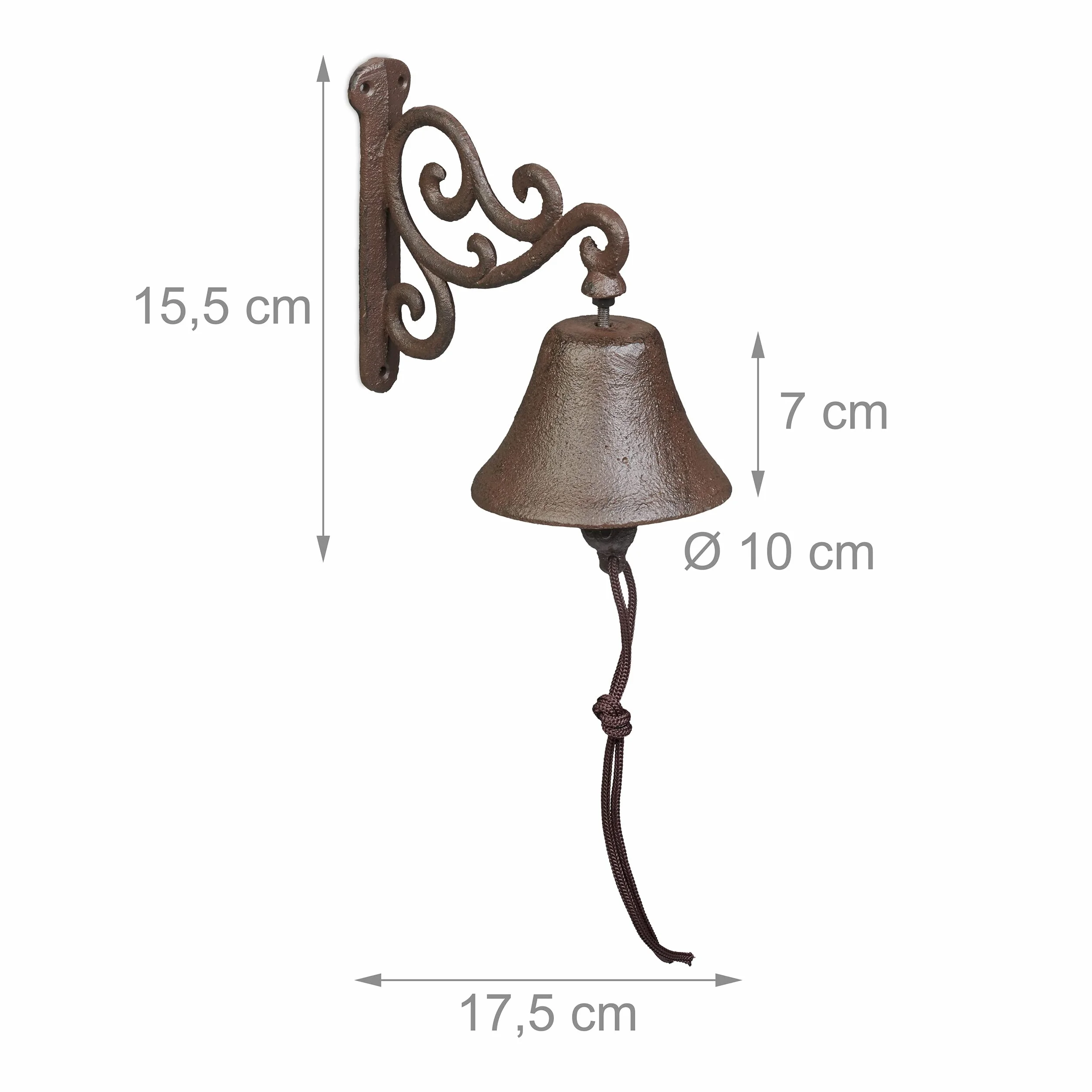 Relaxdays Dzwonek do drzwi żeliwny, antyczny design, dzwonek ogrodowy vintage, ze sznurkiem, dzwonek do użytku na zewnątrz, dzwonek ścienny, brązowy, 1 sztuka