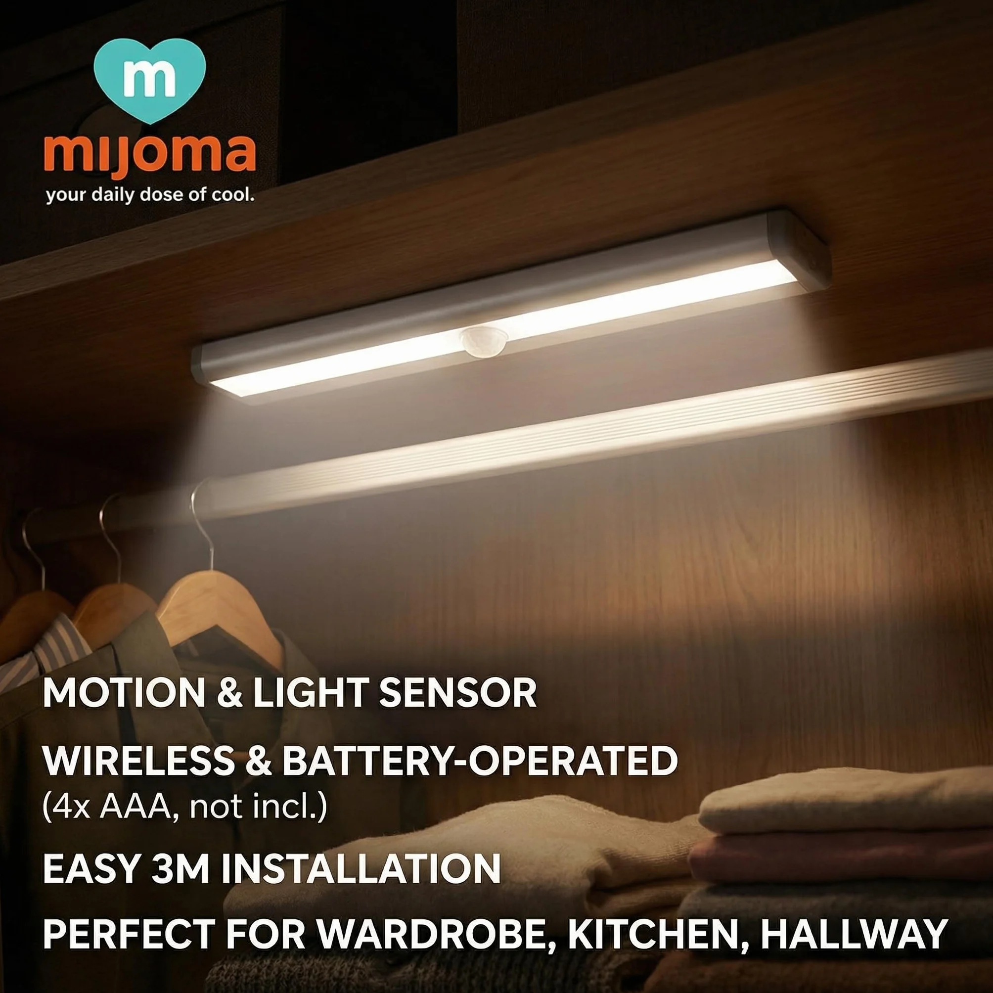 MIJOMA Listwa świetlna LED z czujnikiem ruchu i światła – bezprzewodowa, zasilana bateriami, samoprzylepna, 19 cm – lampka nocna do korytarza, szafy na ubrania, kuchni, piwnicy
