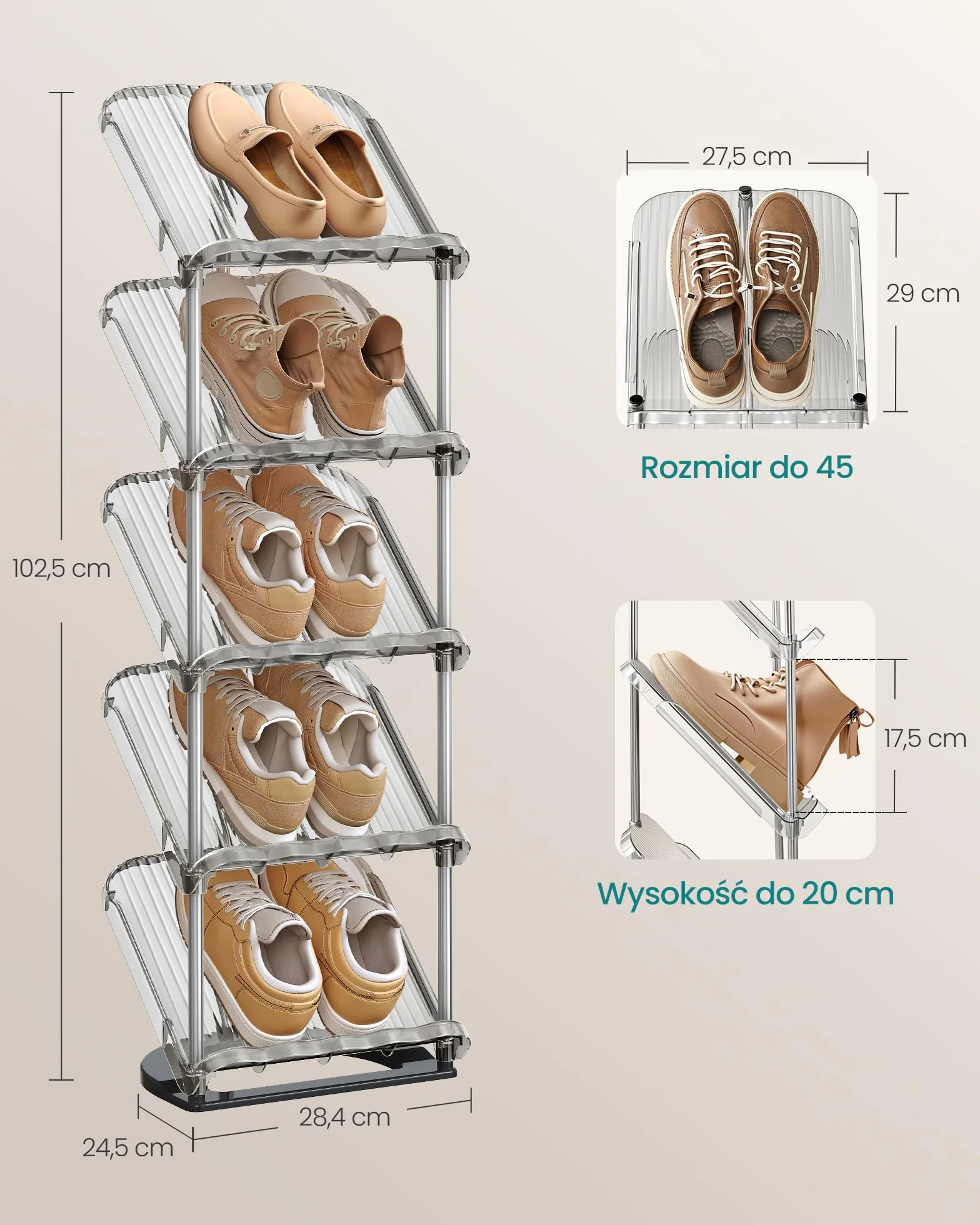 SONGMICS Półka na buty, 5 poziomów, zestaw 2 szt., skośna półka na buty, organizer na buty, plastik, 24,5 x 28,4 x 102,5 cm, elastyczne opcje łączenia, wejście, korytarz, garderoba, szary LPC050GZ01