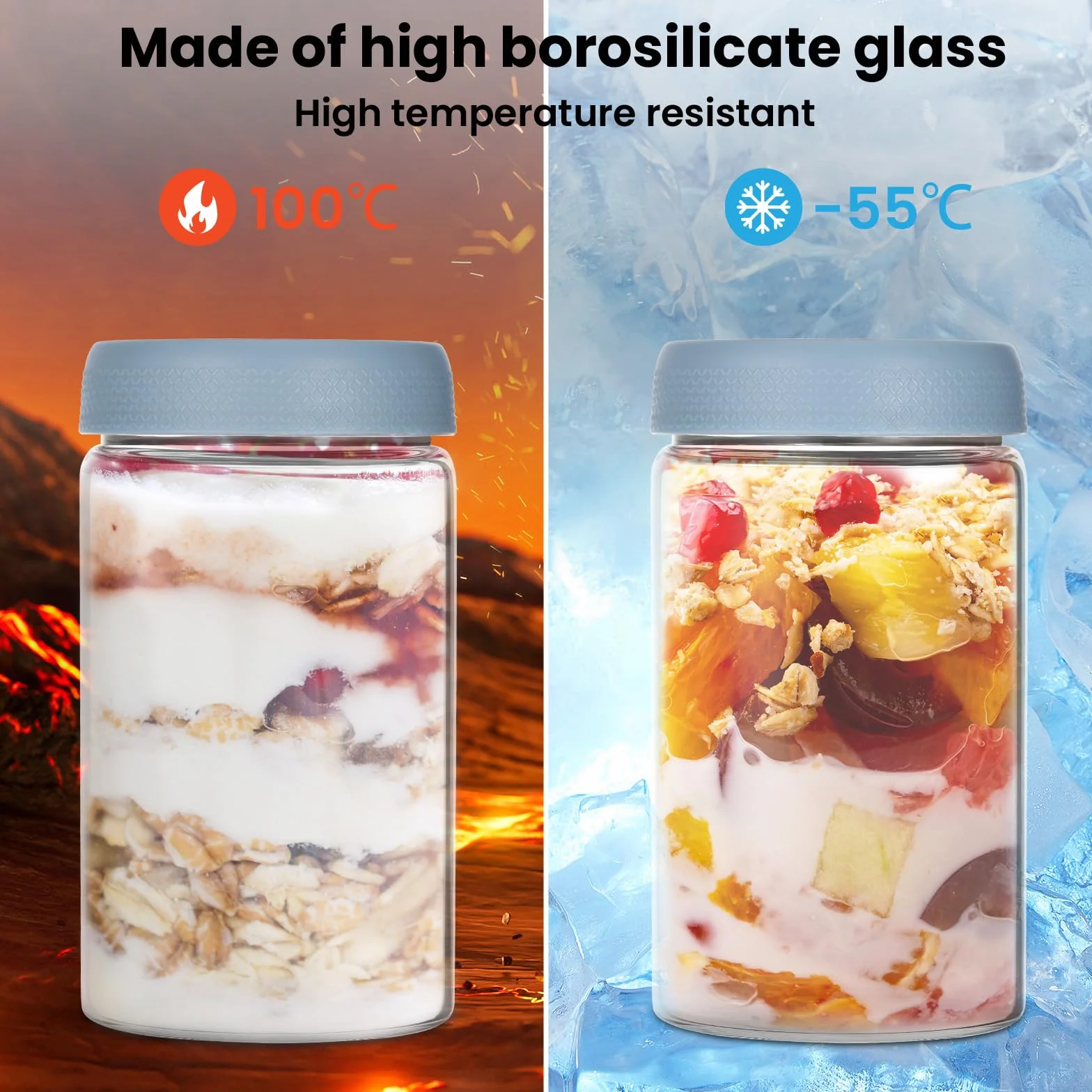 Zocipro Słoiki na owies z pokrywkami, 4 sztuki, 600 ml, słoiki ze szkła borokrzemowego, wielokrotnego użytku, szerokie otwory