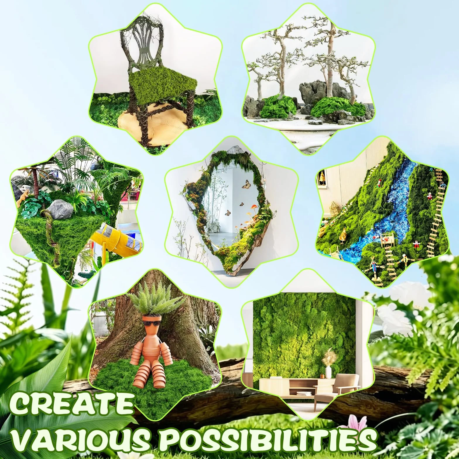 100 g sztuczne piżmo stabilizowane piżmo do dekoracji, sztuczny mucha i wielokrotnego użytku, sztuczne piżmo do terrarium, akwarium, Boże Narodzenie, Wielkanoc, ściany (50 gjasnozielona+50 g