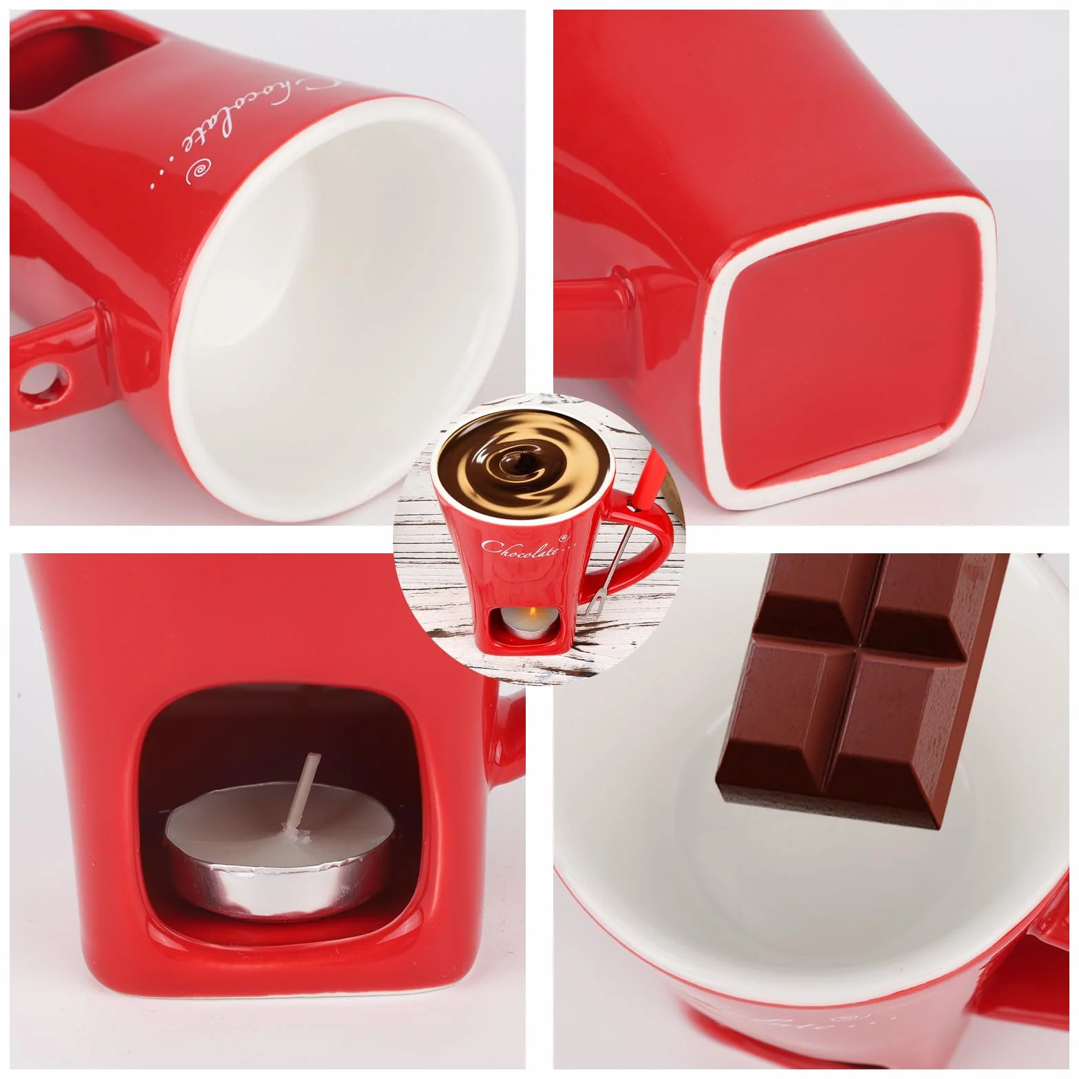 Kubek Fondue Czekoladowego Zestaw, Ceramiczny Mini Kubek do Rozpuszczania Czekolady z Widelcem i Podgrzewaczem do Świec na Słodkości Desery Idealny Randki Urodziny Prezent Ślubny (Czerwony)