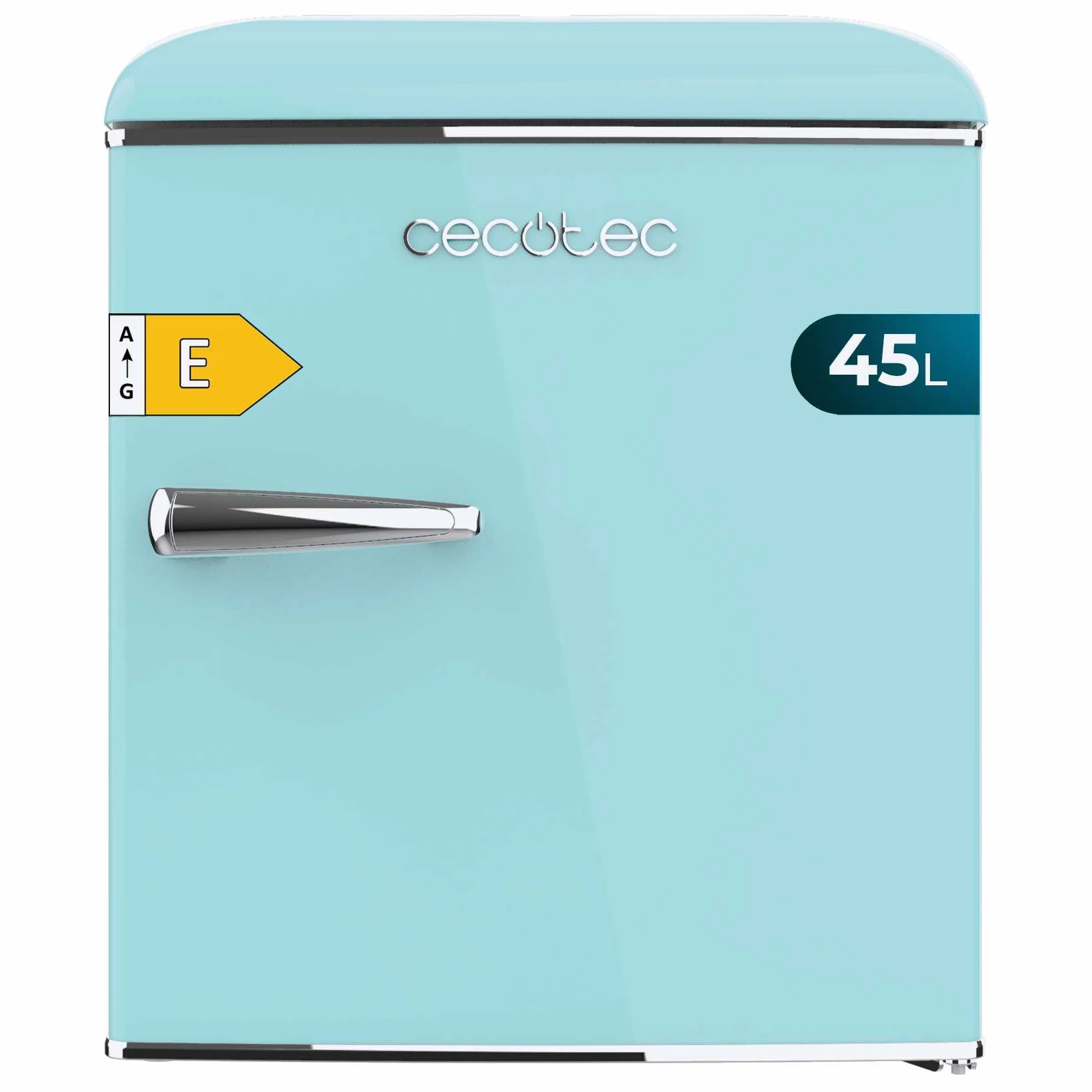 Cecotec Mini lodówka - lodówka retro 45 l Bolero CoolMarket TT Origin 45 Blue. 55 cm wysokości i szerokości 44,7 cm, klasa energetyczna E, lodówka lodówka i chromowany uchwyt, niebieski