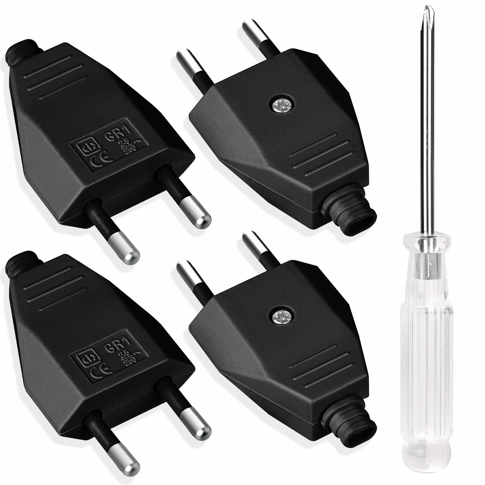 AXFEE 4 wtyczki euro, 250 V 2,5 A euro, płaskie wtyki euro, płaskie, z zestykiem ochronnym, wtyczka euro do kabla 8-10 mm, IP44, trwałe i odporne na pęknięcia (czarne)