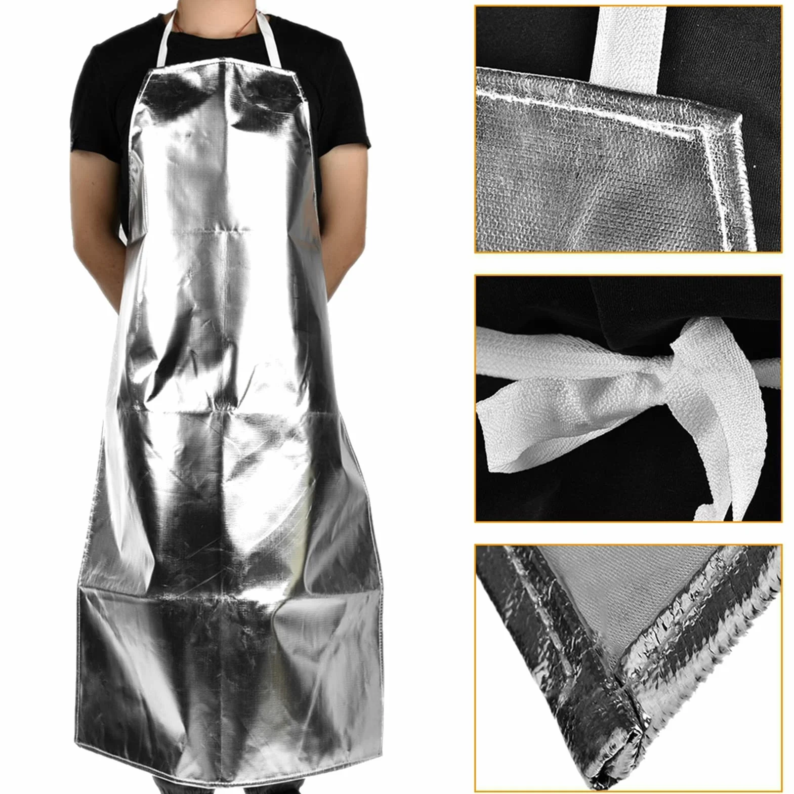 Fartuch odporny na wysokie temperatury, fartuch z folii aluminiowej, 1000°C, odporny na wysokie temperatury, fartuch roboczy ogniotrwały do gotowania, grillowania, pracy, szary, l