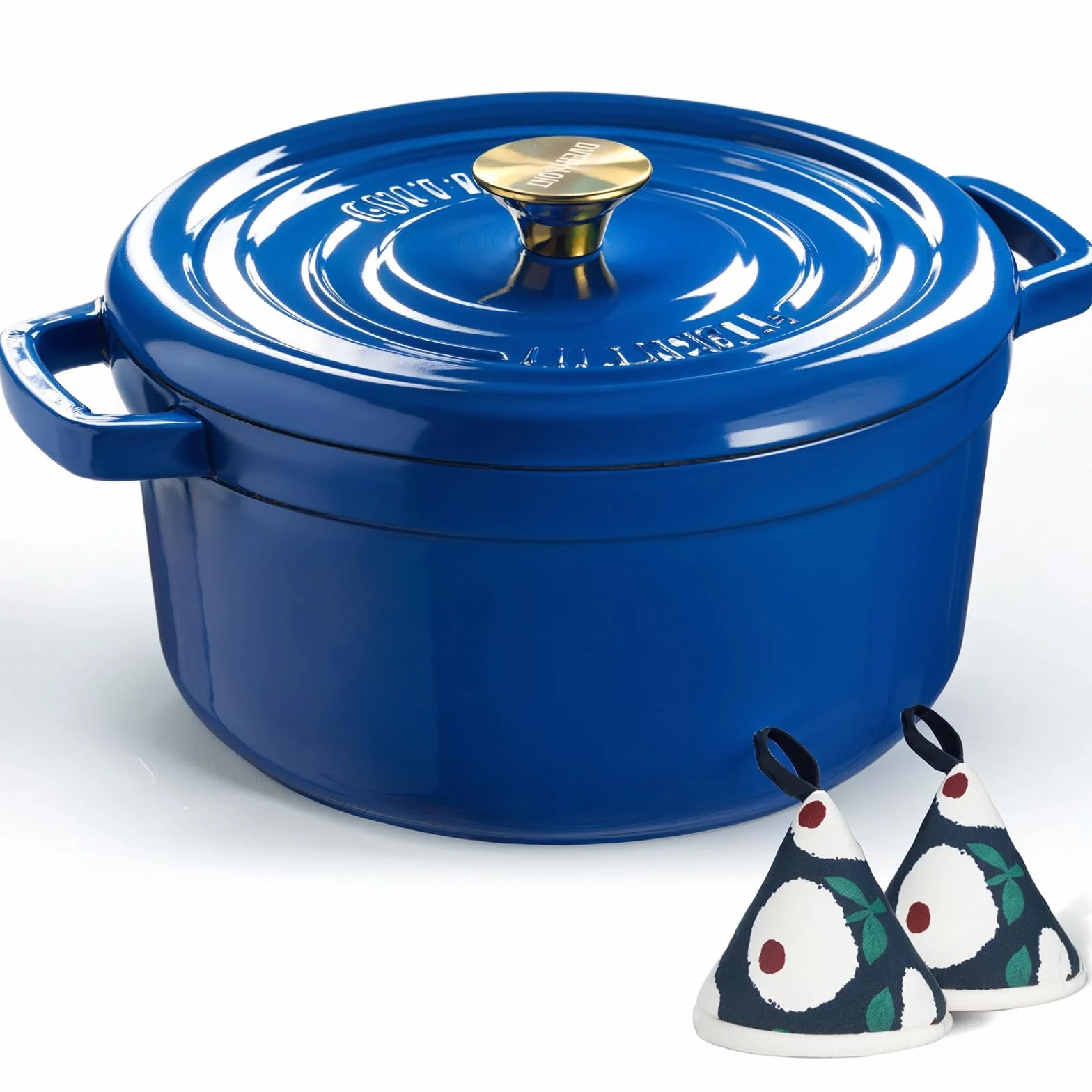 Overmont Garnek emaliowany żeliwny - Dutch Oven 26 cm nadaje się do piekarnika z pokrywką i książką kucharską - do smażenia kuchni, pieczenia, duszenia, królewski błękit