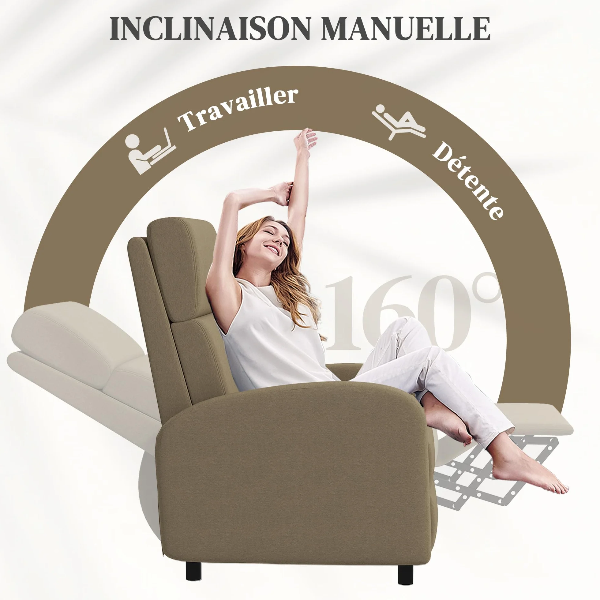 HOMCOM Fotel Relaksacyjny, Fotel Relaksacyjny z Ręcznym Regulowanym Oparciem, Wbudowany Podnóżek, Do Salonu, Sypialni, Biura, Kina Domowego, Obciążenie 120 kg, Beżowy