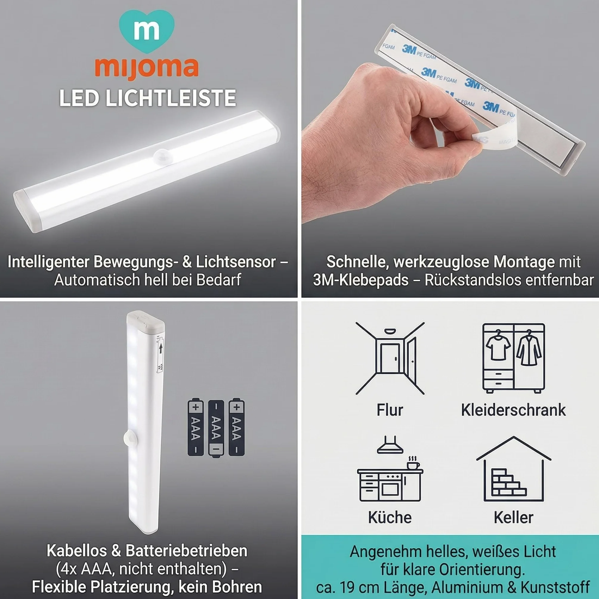 MIJOMA Listwa świetlna LED z czujnikiem ruchu i światła – bezprzewodowa, zasilana bateriami, samoprzylepna, 19 cm – lampka nocna do korytarza, szafy na ubrania, kuchni, piwnicy