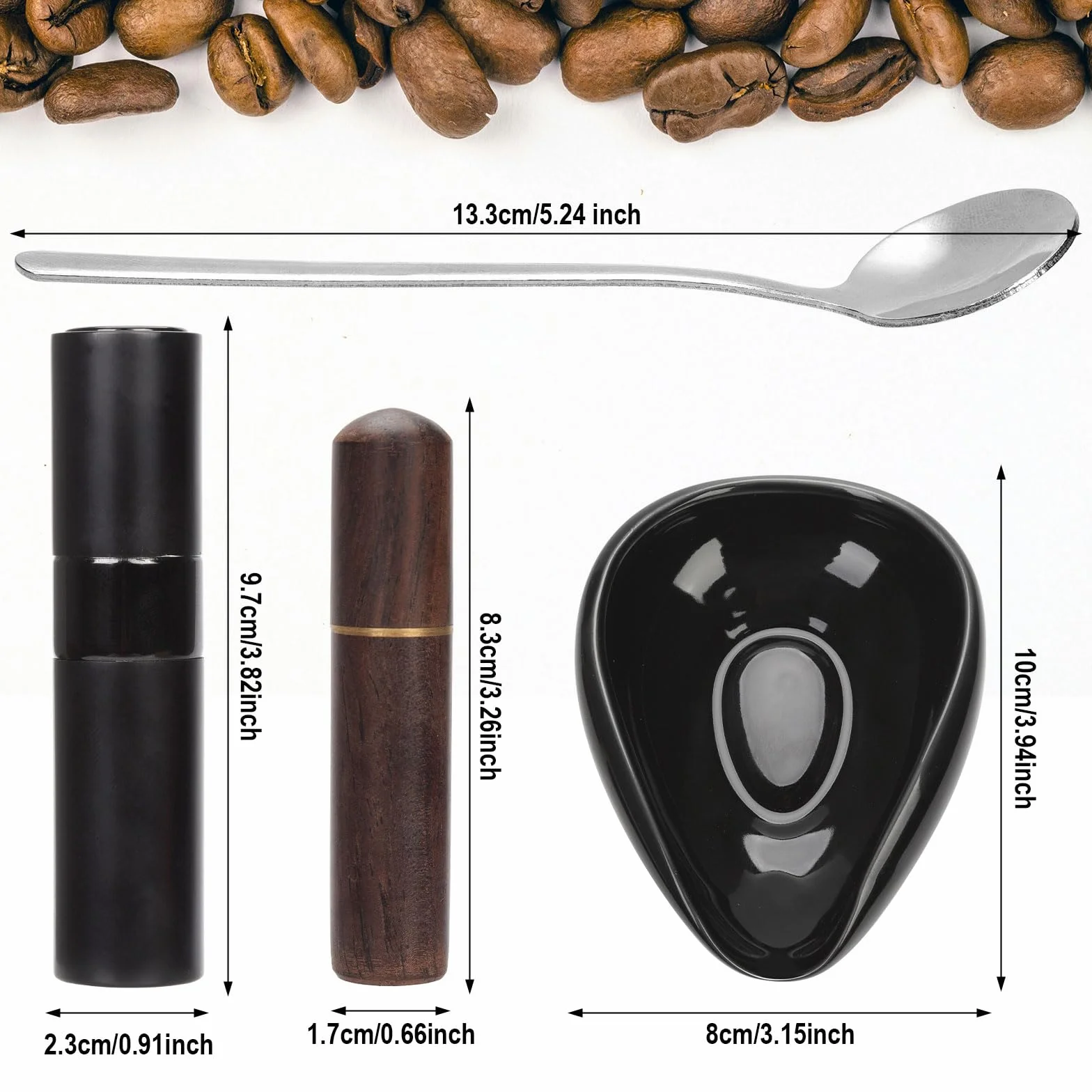 Zestaw Akcesoriów Kawowych: Kubek Dozowania 35g, Butelka z Rozpylaczem, Mieszadło Espresso, Łyżeczki, Ceramiczna Tacka