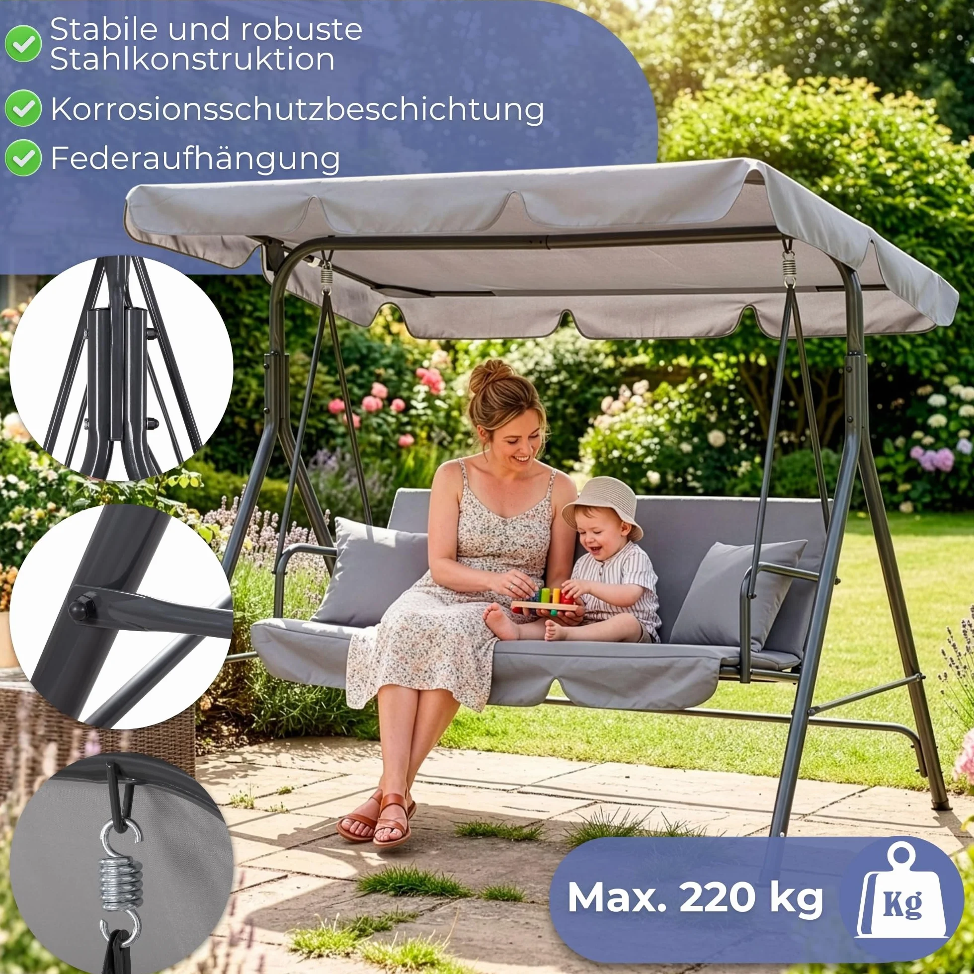 SPRINGOS huśtawka ogrodowa Luna, huśtawka ogrodowa z dachem, z poduszką, huśtawka 3-osobowa, wys. x szer. x gł.: 150 x 170 x 110 cm (szara)