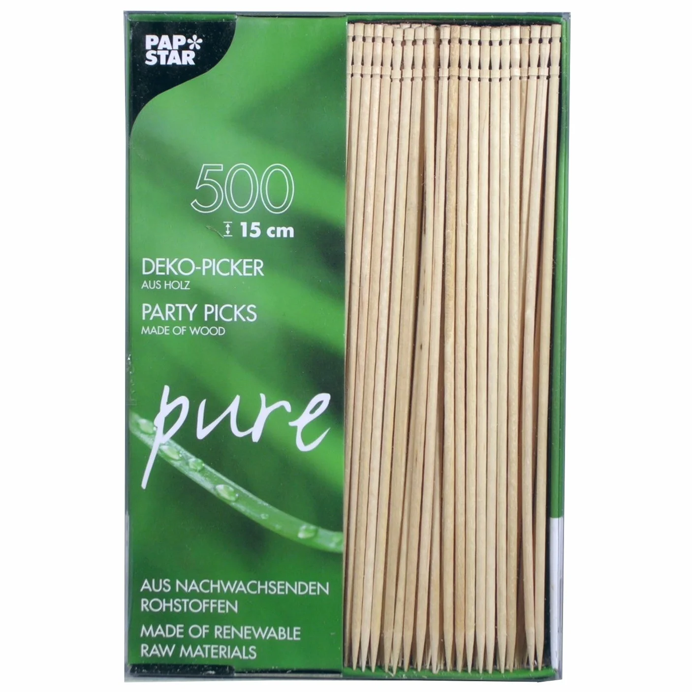 Papstar Szpikulce "Pure" (500 sztuk) 15 cm, naturalne drewniane szaszłyki z bambusa z toczoną końcówką, do przekąsek, przekąsek, przystawki i koktajli, stylowe wzornictwo #81097
