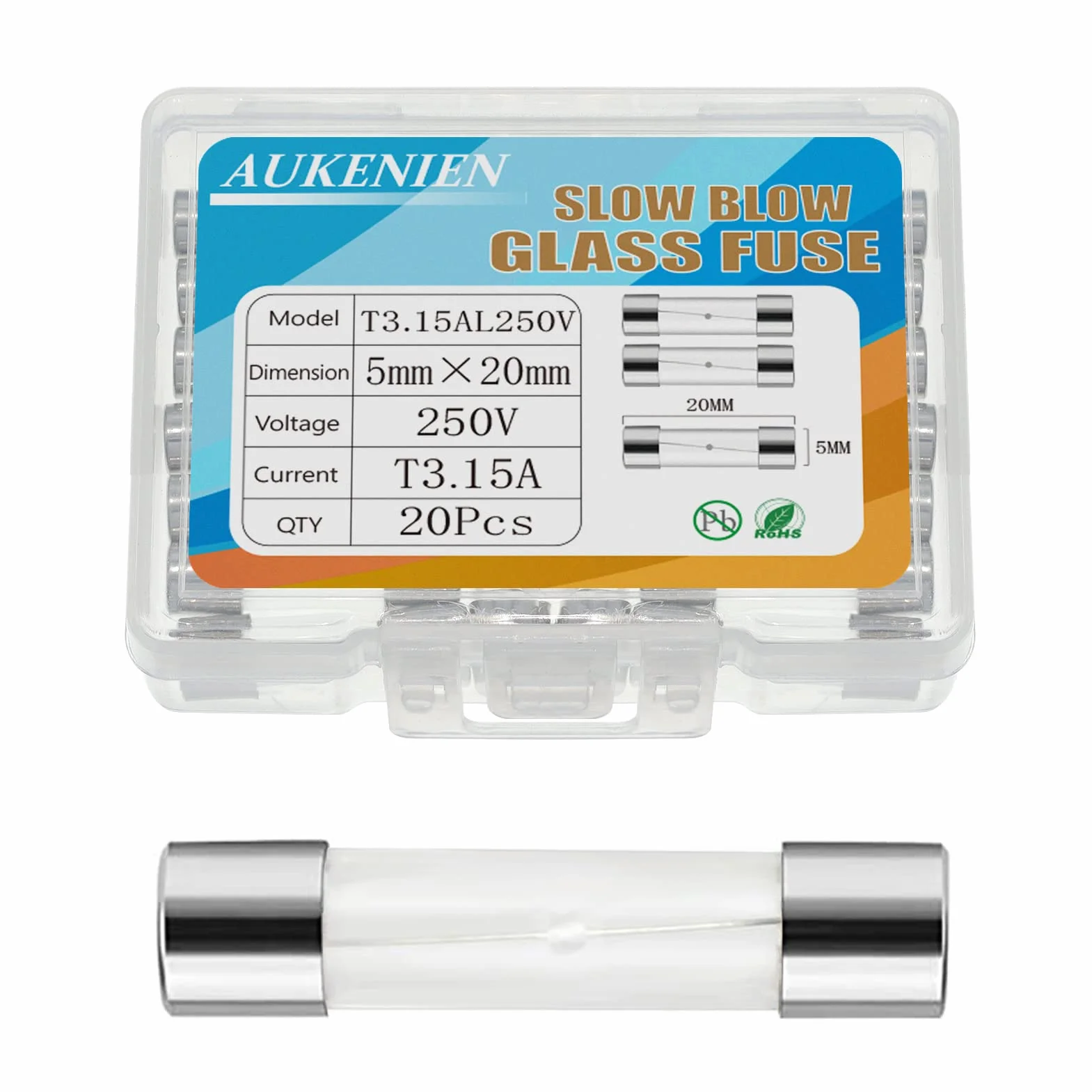 AUKENIEN Bezpiecznik Szklany 3,15 A 250 V 5 x 20 mm T3,15 A - Bezpieczniki Do Przenoszenia