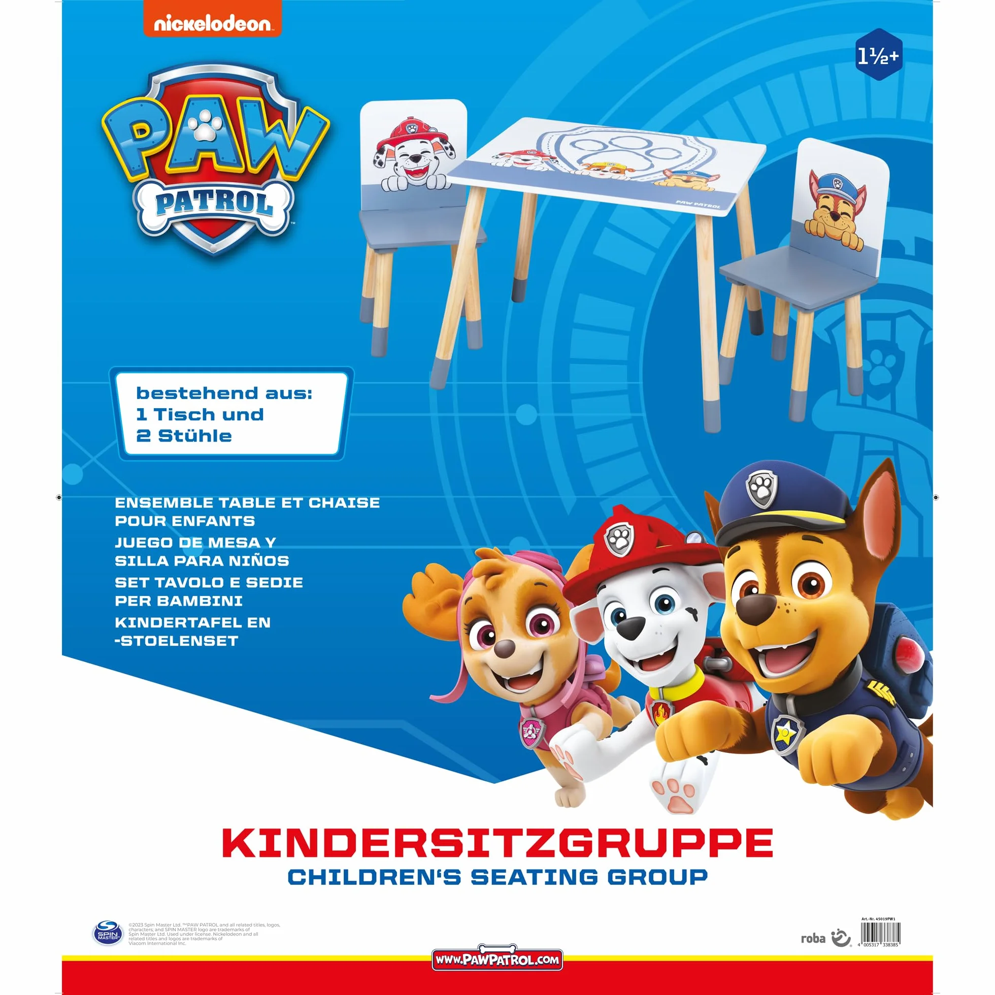 roba Zestaw mebli dla dzieci Psi Patrol - 2 krzesełka dziecięce i 1 stolik dla dzieci - Komplet mebli/meble z motywem psich kreskówek - Drewno białe - od 18 miesięcy
