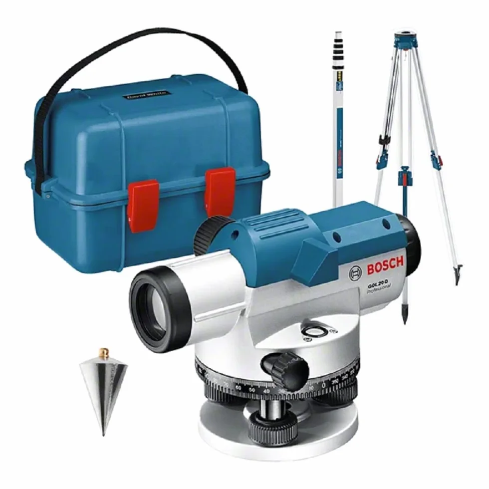 Bosch Professional Niwelator optyczny GOL 20 D (powiększenie 20x, jednostka miary: 360°, zasięg: do 60 m, łata miernicza GR 500, statyw budowlany BT 160, walizka)